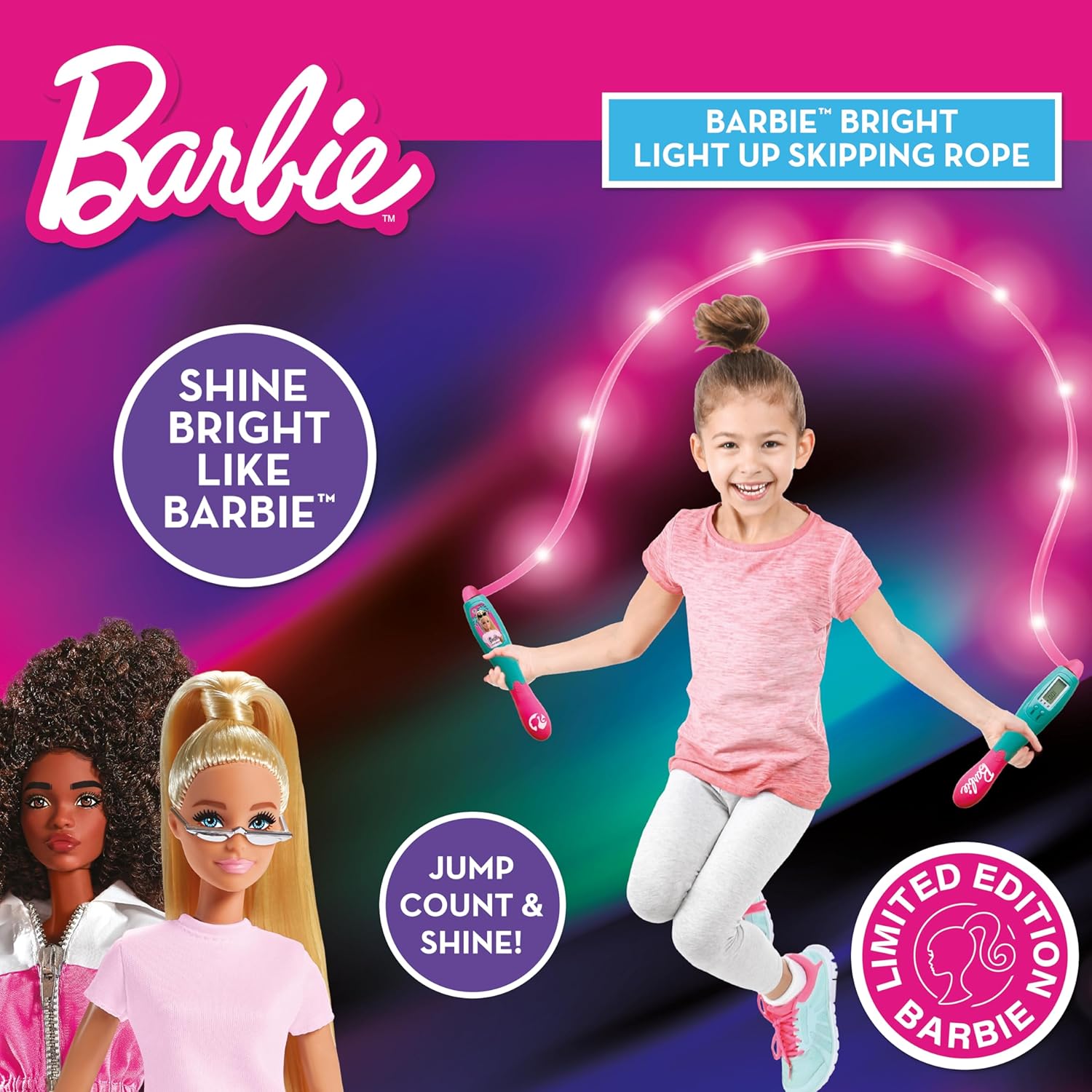 حبل القفز المضيء LED من سينكو كرييشنز باربي بطول 2.1 متر مع عداد رقمي، لعبة لياقة بدنية داخلية وخارجية مناسبة للأطفال من سن 3 سنوات فما فوق