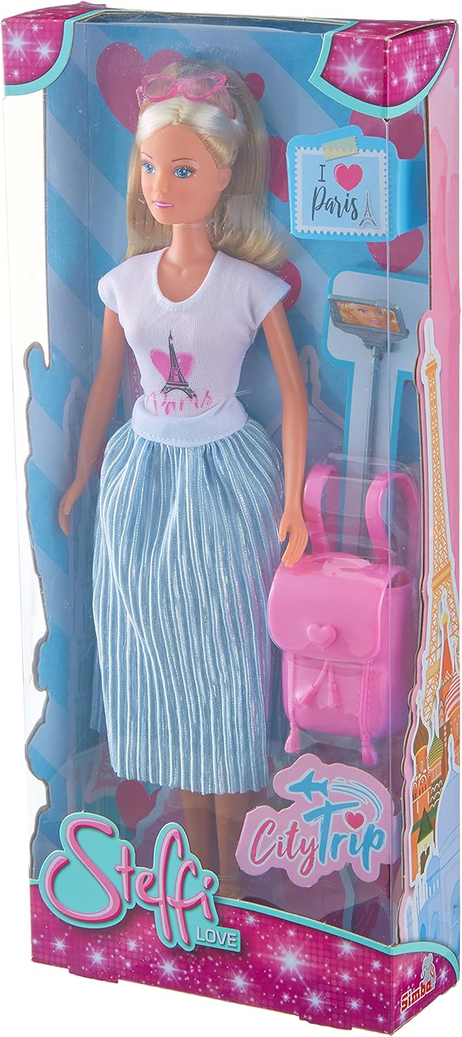 Simba Steffi Love City Trip Doll, 29 cm, Fashion Outfit with Selfie Stick & Backpack, Ages 3+