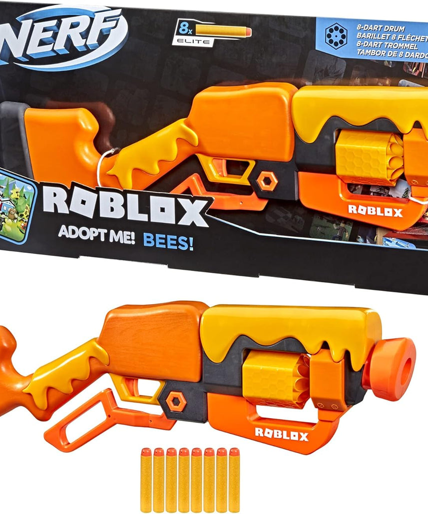 Nerf Roblox Adopt Me! Bees Lever Action Dart Blaster, 8-Dart Rotating Drum, 8 Nerf Elite Darts, Exclusive Virtual Item Code, Indoor & Outdoor Play