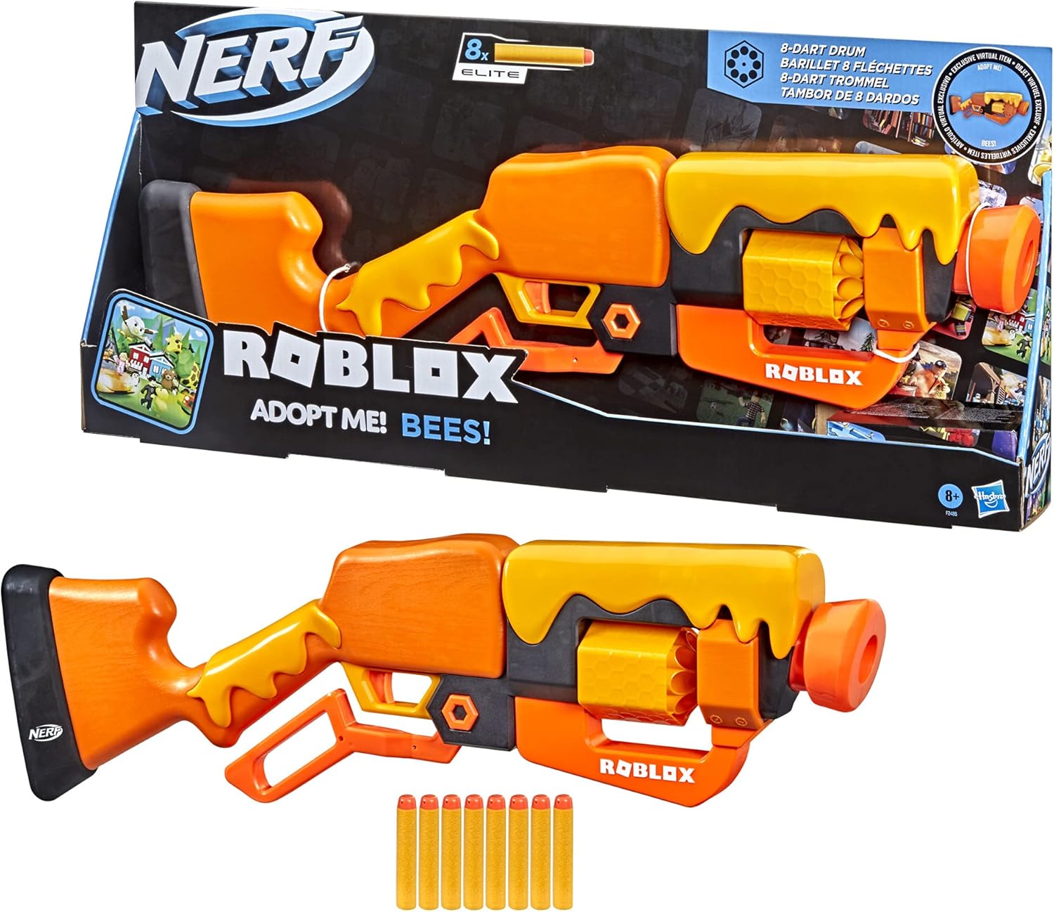 Nerf Roblox Adopt Me! Bees Lever Action Dart Blaster, 8-Dart Rotating Drum, 8 Nerf Elite Darts, Exclusive Virtual Item Code, Indoor & Outdoor Play