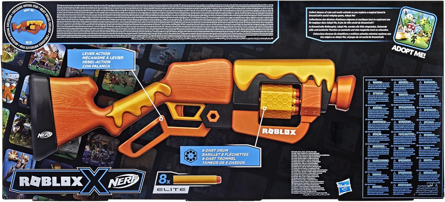 Nerf Roblox Adopt Me! Bees Lever Action Dart Blaster, 8-Dart Rotating Drum, 8 Nerf Elite Darts, Exclusive Virtual Item Code, Indoor & Outdoor Play