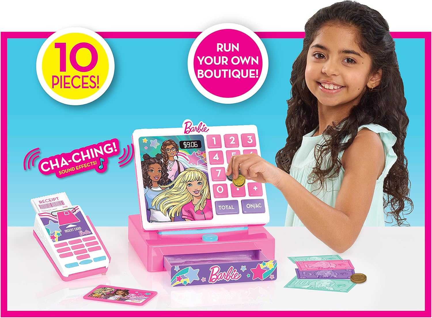 ماكينة تسجيل المدفوعات النقدية العصرية من باربي مع أصوات، وقارئ نقود وبطاقات ائتمان، ولعبة متجر لعب الأدوار للبنات، للأطفال من سن 3 سنوات فما فوق، وماكينات تسجيل المدفوعات النقدية