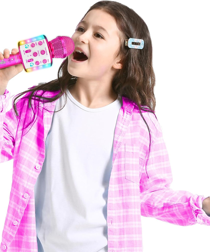ميكروفون سينكو كرييشنز باربي برايت فويس ماستر، ميكروفون كاريوكي لاسلكي يعمل بالبلوتوث مع أضواء، تصميم محمول مع 5 تأثيرات صوتية للاستمتاع بالغناء أثناء التنقل، مناسب للأطفال من سن 3 سنوات فما فوق