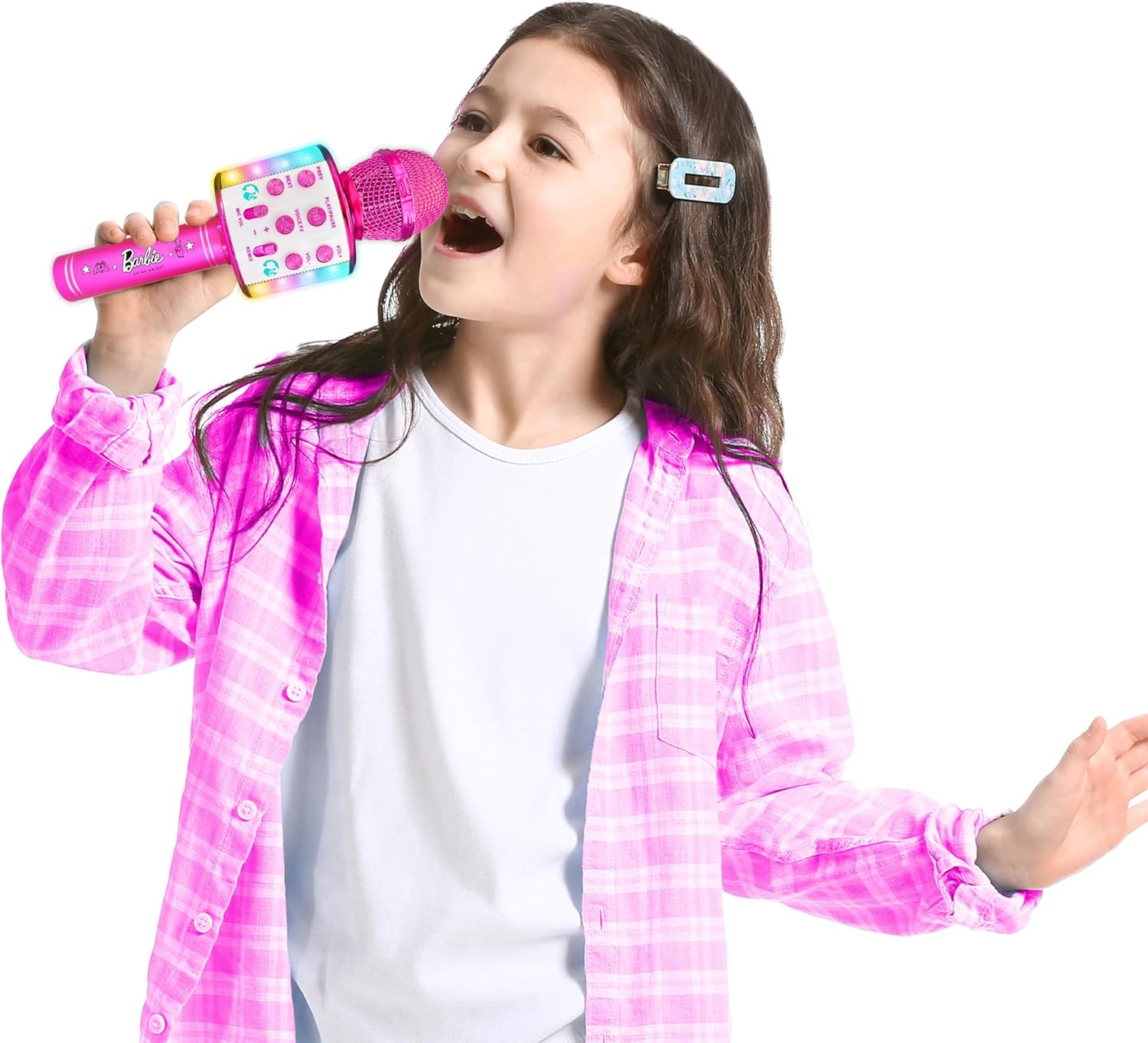 ميكروفون سينكو كرييشنز باربي برايت فويس ماستر، ميكروفون كاريوكي لاسلكي يعمل بالبلوتوث مع أضواء، تصميم محمول مع 5 تأثيرات صوتية للاستمتاع بالغناء أثناء التنقل، مناسب للأطفال من سن 3 سنوات فما فوق