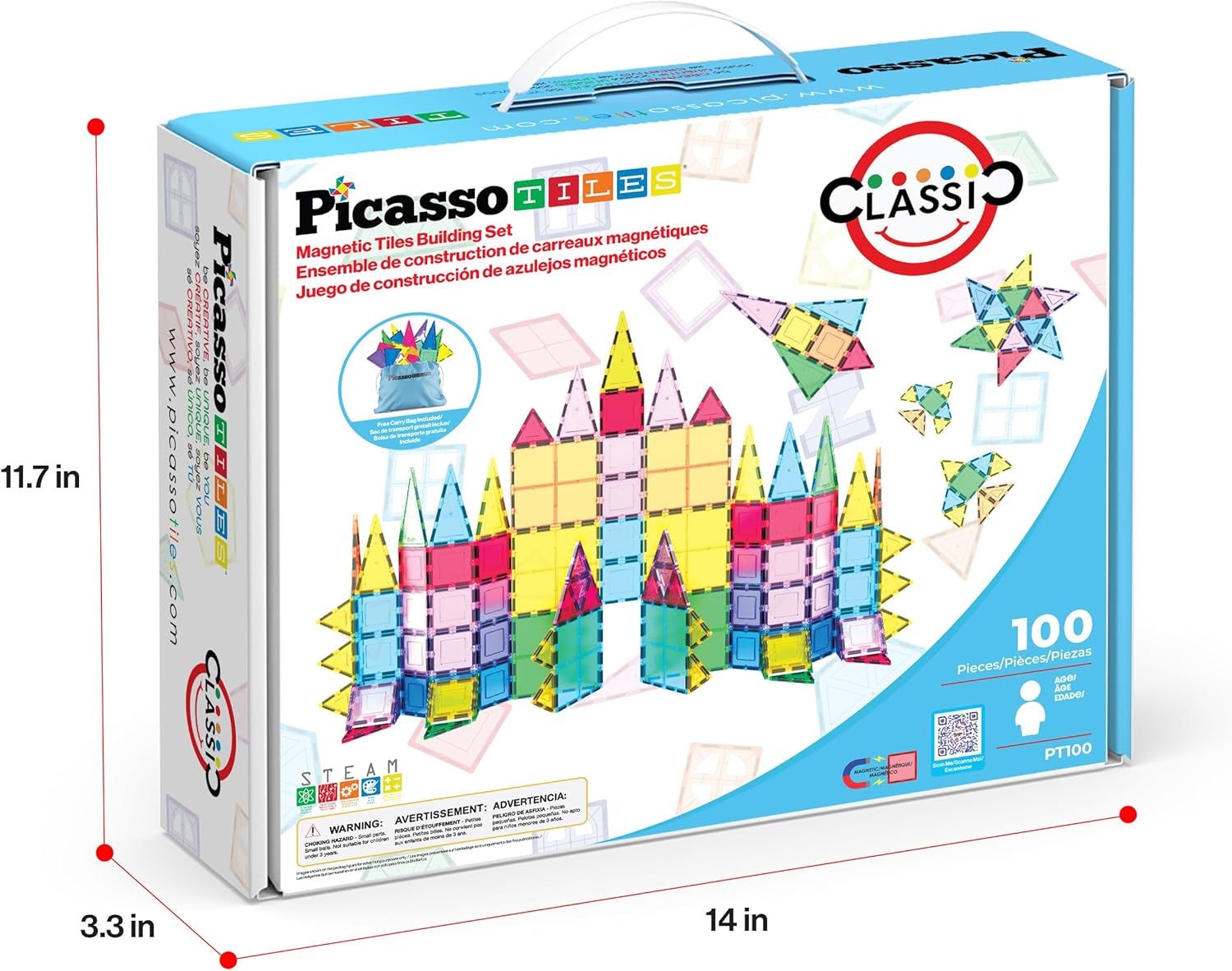 PicassoTiles 100 Piece Magnetic Playboards Tiles Set Magnet Toys for Toddlers STEM Building Blocks Sensory Creative Kids Manipulative Preschool learning Construction Toy ages 3+ Boys Girls - PT100
