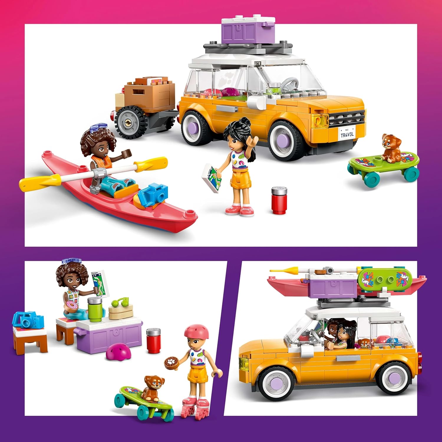 LEGO Friends Friendship Road-Trip Travel Car Toy with Trailer, 2 Mini Dolls, a Pet Dog Figure, Kayak & Fun Accessories incl. a Skateboard & Roller Skates - Ramadan Gift for 6+ Year Old Girls - 42659