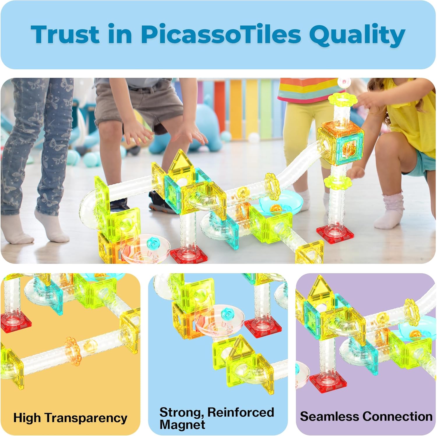PicassoTiles Magnet Tiles Building Block Travel Size Magnetic Marble Run Construction Toy Set Mini Diamond Marble RaceTrack 45 pc Building Blocks Playset Education STEM Learning Kit Boy Girl 3+ PTMG45