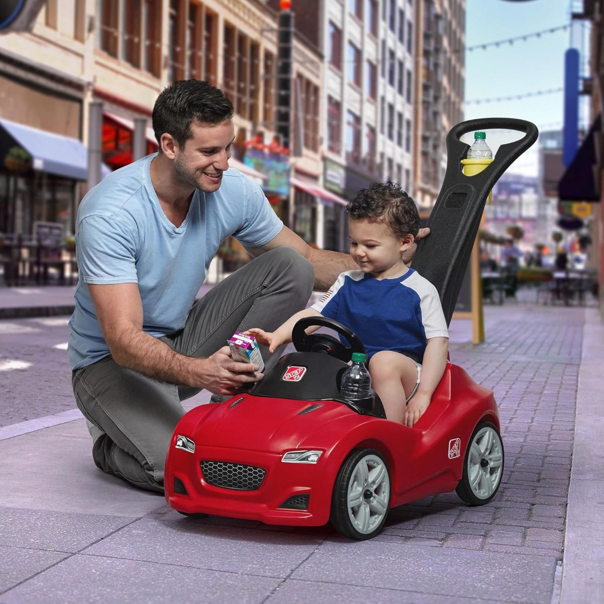 Step2 Whisper Ride Cruiser, Single Seater Kids Push Car, Easy to Store Ride On Toy with Seatbelt, Horn and Storage Trunk, Suitable for Children both Boys and Girls Aged 18m+, Blue, Pink, Red, Grey