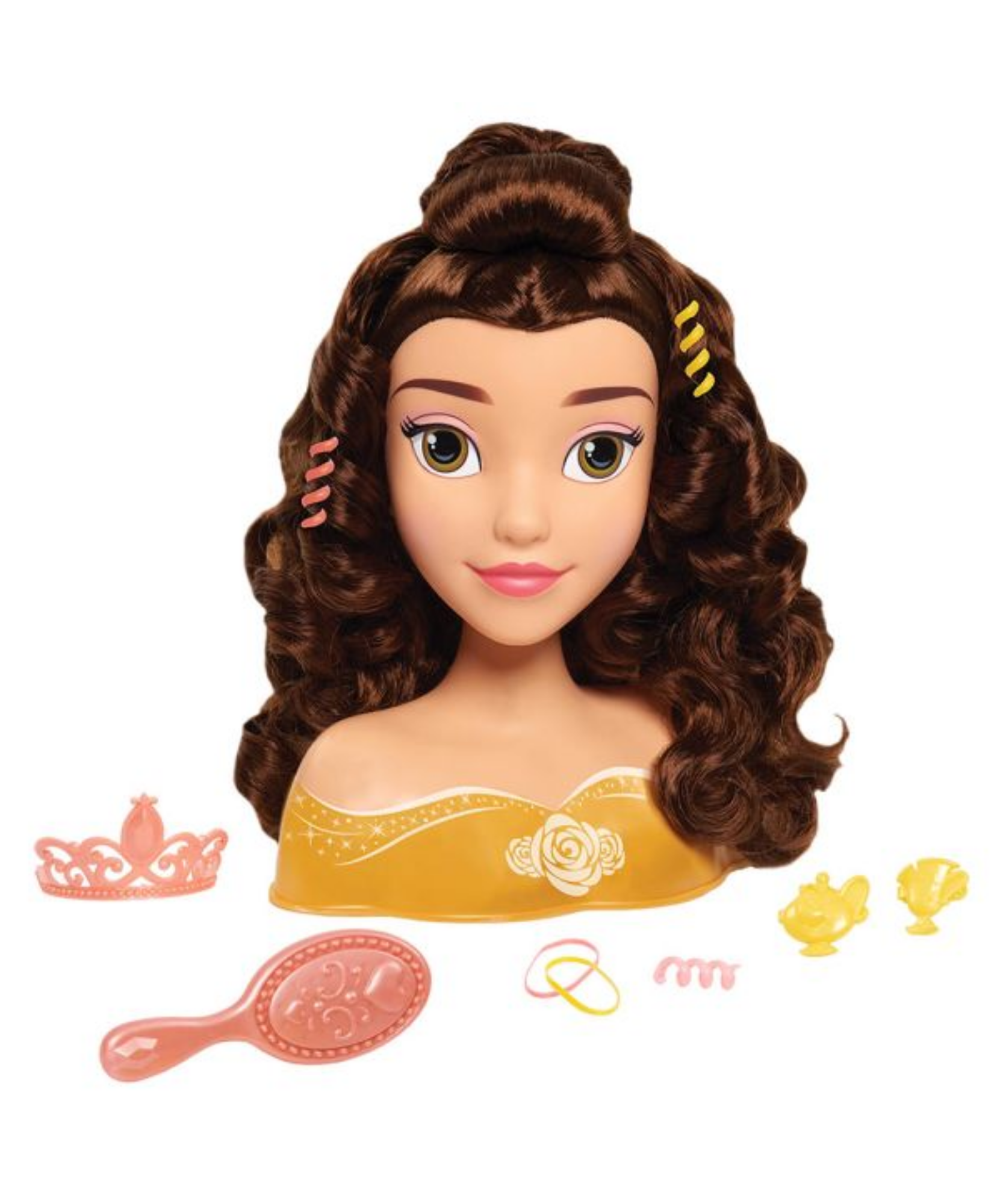 مجموعة لعب تظاهرية مكونة من 10 قطع من رأس تصفيف الشعر الجميلة والوحش من ديزني برينسيس مع ملحقات تتميز بشخصية بيل، شعر بني بطول 8 بوصات، لعبة لعب أدوار مرخصة رسميًا للأطفال من سن 3 سنوات فما فوق من جاست بلاي