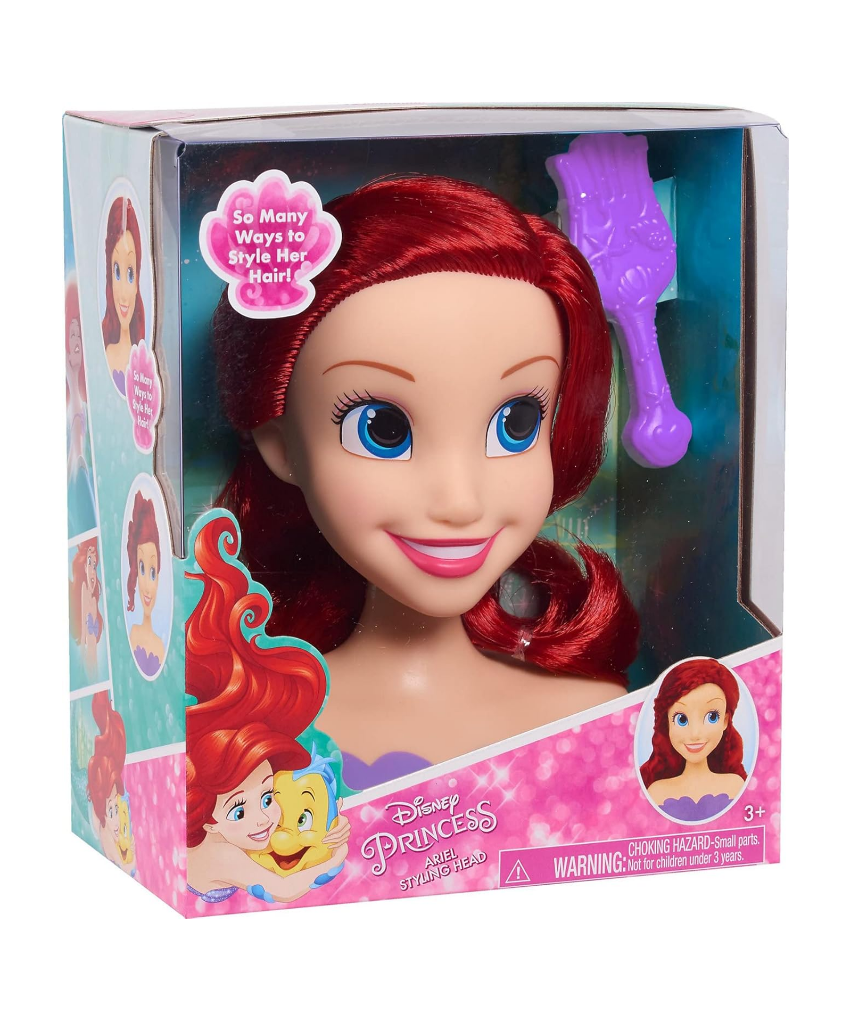 مجموعة لعب تظاهرية مكونة من قطعتين من رأس تصفيف الشعر حورية البحر الصغيرة من ديزني برينسيس، تتميز بأريل، وشعر أحمر بطول 5 بوصات، لعبة لعب أدوار مرخصة رسميًا للأطفال من سن 3 سنوات فما فوق من جاست بلاي