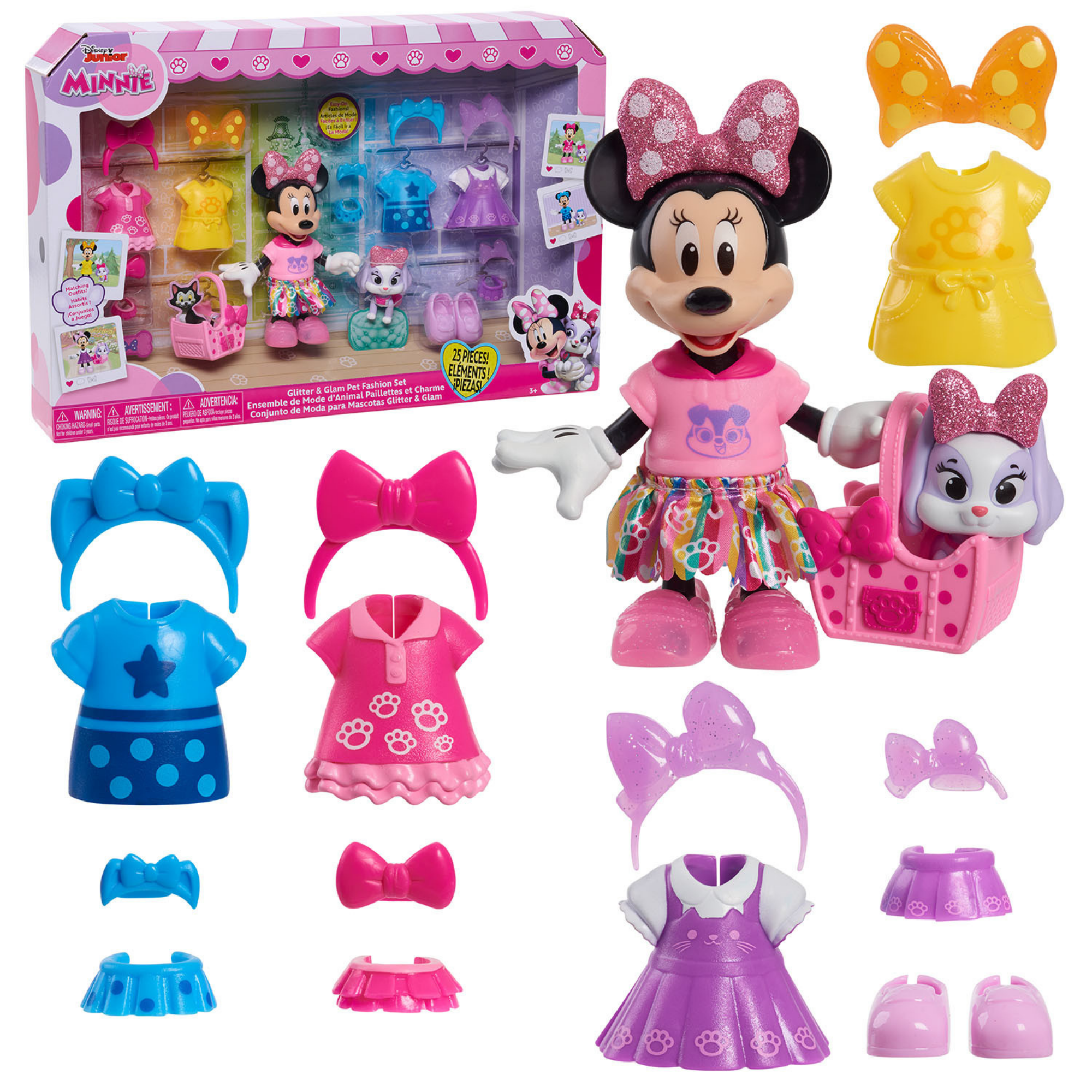 Disney Minnie Mouse Glitter and Glam Pet Fashion Set, 23-piece Doll and Accessories Set, Preschool Pretend Play Toy, Officially Licensed Kids Toy for Ages 3 & Up by Just Play