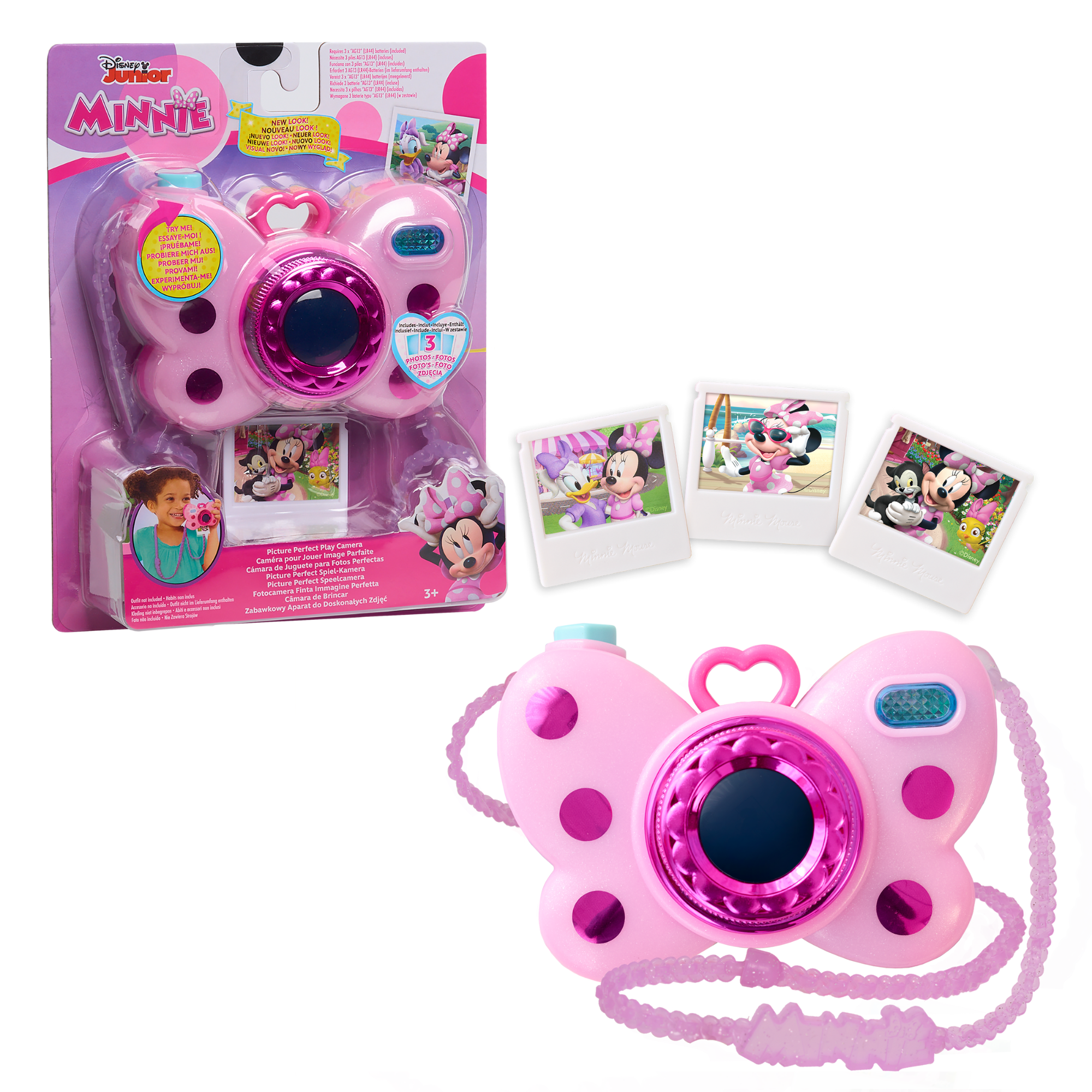 Disney Minnie Mouse Picture Perfect Play Camera with Double-Sided Photos, 4-Piece Preschool Pretend Play Toy with Lights and Sounds, Officially Licensed Kids Toy for Ages 3 & Up by Just Play