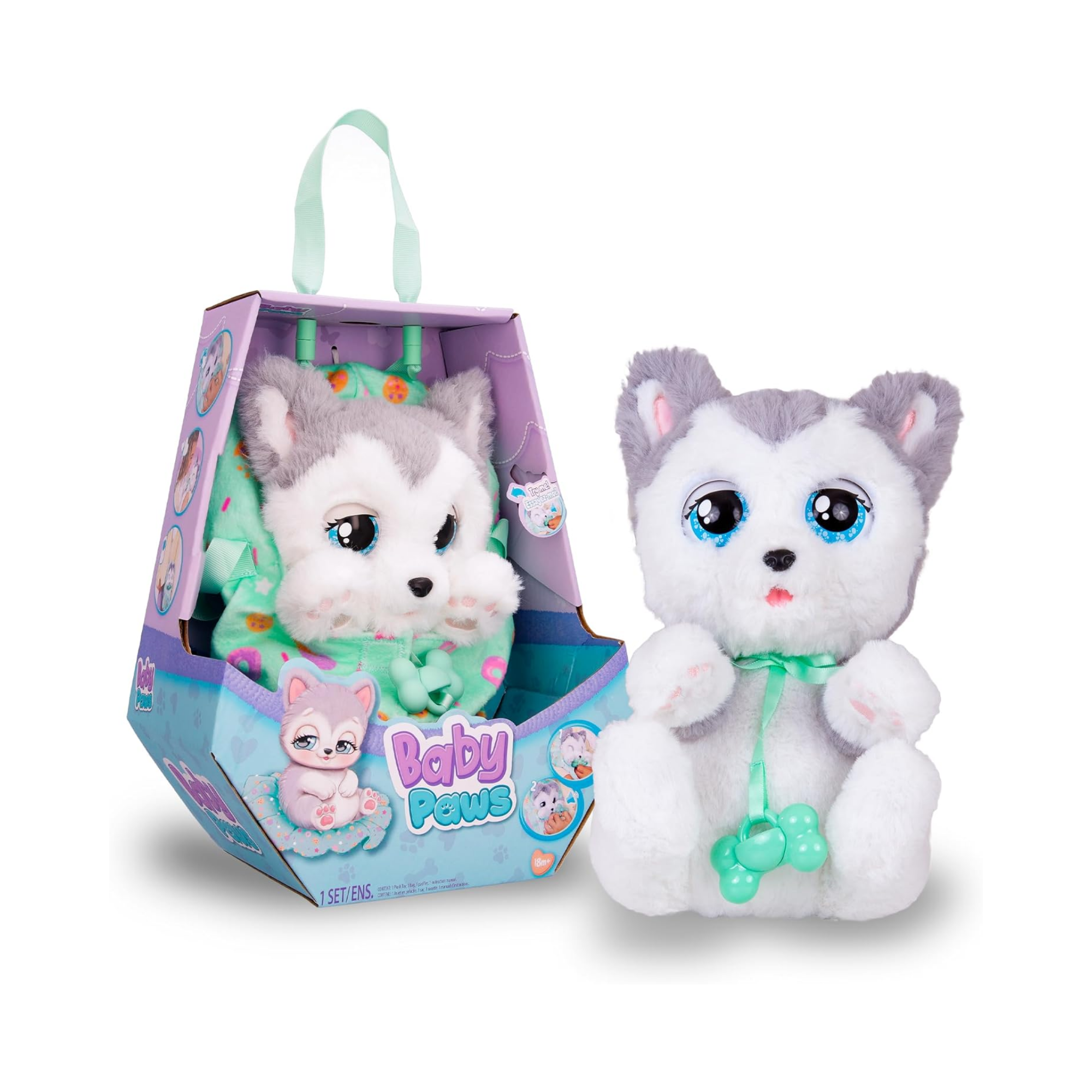 جراء نائمة من بيبي باوز، هاسكي، لعبة جرو تفاعلية من القطيفة مقاس 9.5 بوصة مع حقيبة حمل، لعبة تظاهر للأطفال مع مؤثرات صوتية، مناسبة للأولاد والبنات من سن 18 شهرًا فما فوق