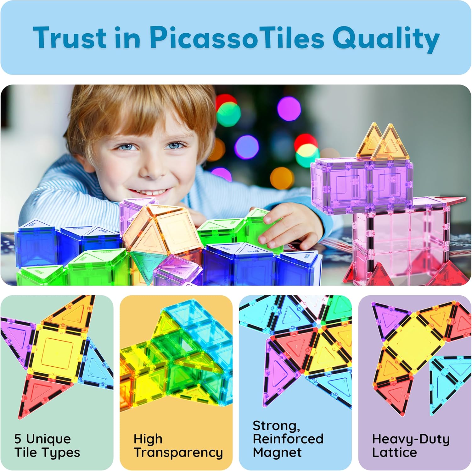 PicassoTiles 101pcs Magnetic Building Block Toy + Case Set Magnet Tile Construction Blocks for Ages 3 and Up Educational Kit Child Brain Development Learning Playset in Portable Travel Carry Bin