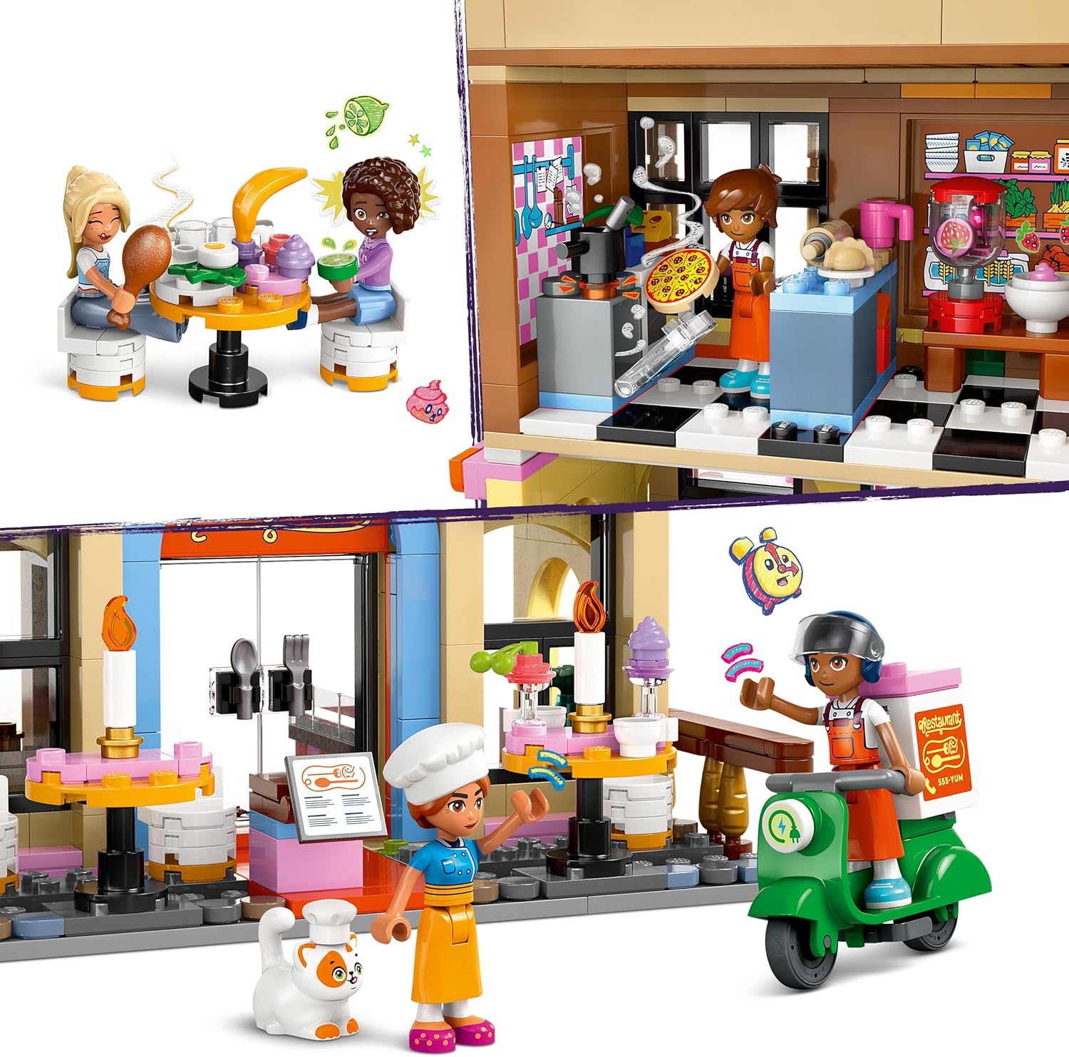 LEGO Friends Restaurant and Cooking School, Pretend-Play Food Role-Play Toy, Kids’ Building Kit for Girls and Boys Aged 8 Years Old and Over, 4 Minidolls and a Cat Figure, Promotes Social Skills 42655