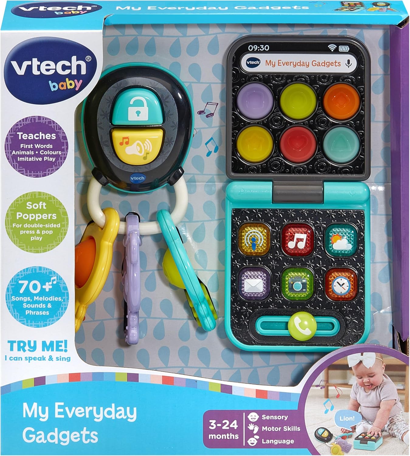 VTech Baby My Everyday Gadgets Pretend Play Phone and Keys Learning Toy with Lights Sounds and Textures Multicolor 3m+