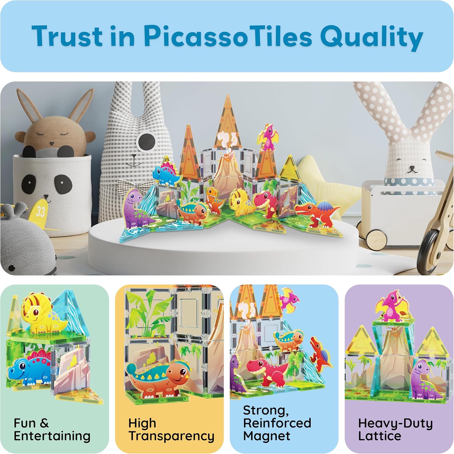 PicassoTiles 38pc Magnet Tiles Building Blocks Dinosaur Theme Set with 8 Magnetized Action Figures Magnetic Construction Build and Play Toys with Magnets STEM Learning Activities for Toddlers 3+ PTQ13