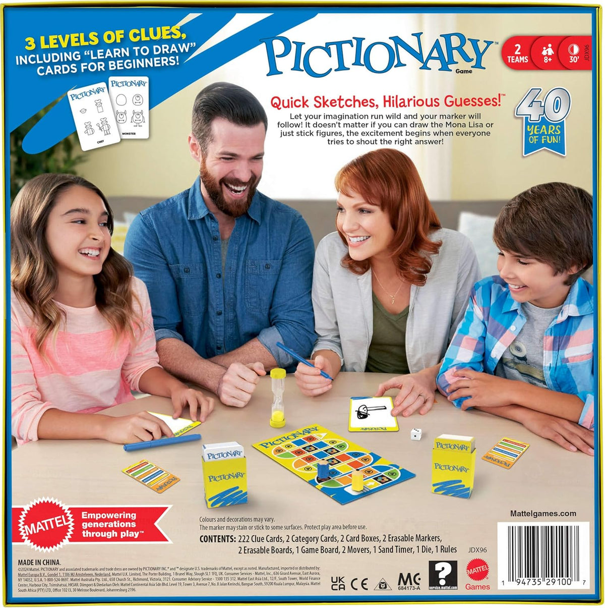 Mattel Games Pictionary Family Board Game for Kids, Adults and Game Night for 2 Teams with Erasable Markers, Boards and Sand Timer