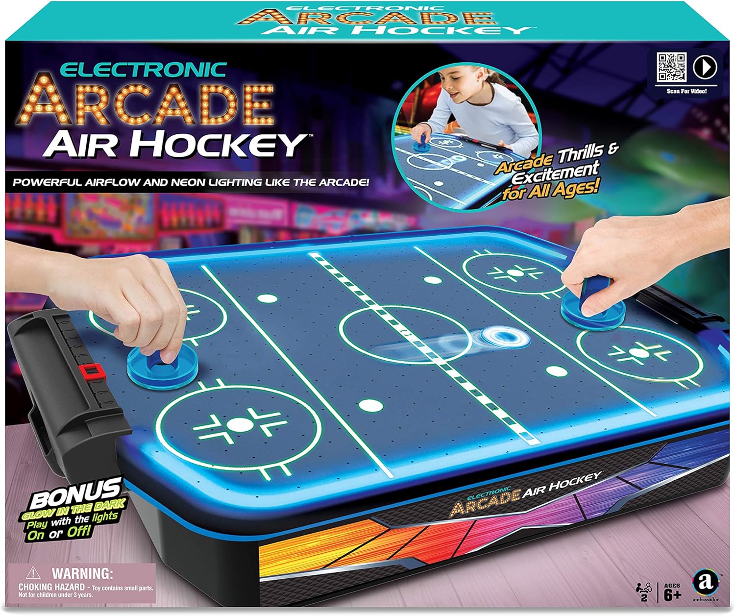 Ambassador Merchant Electronic Arcade Air Hockey, Neon LED Rails, Large Playing Surface, Powerful Airflow, Plastic Frame, Adults+