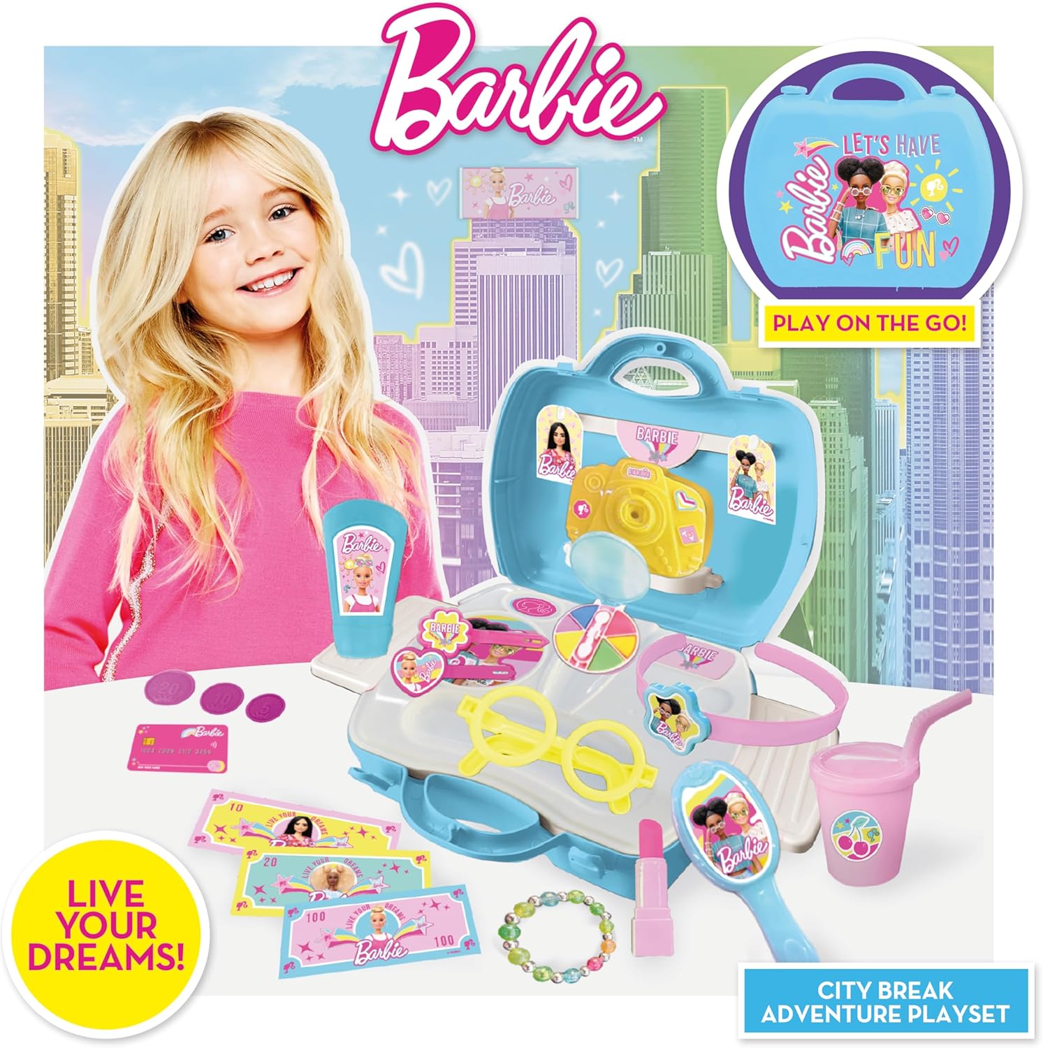 Sinco Creations Barbie City Break Adventure Playset, 20 Piece Pretend Play Toy with Carry Case, Role Play Toy Suitable for Kids Aged 3Y+