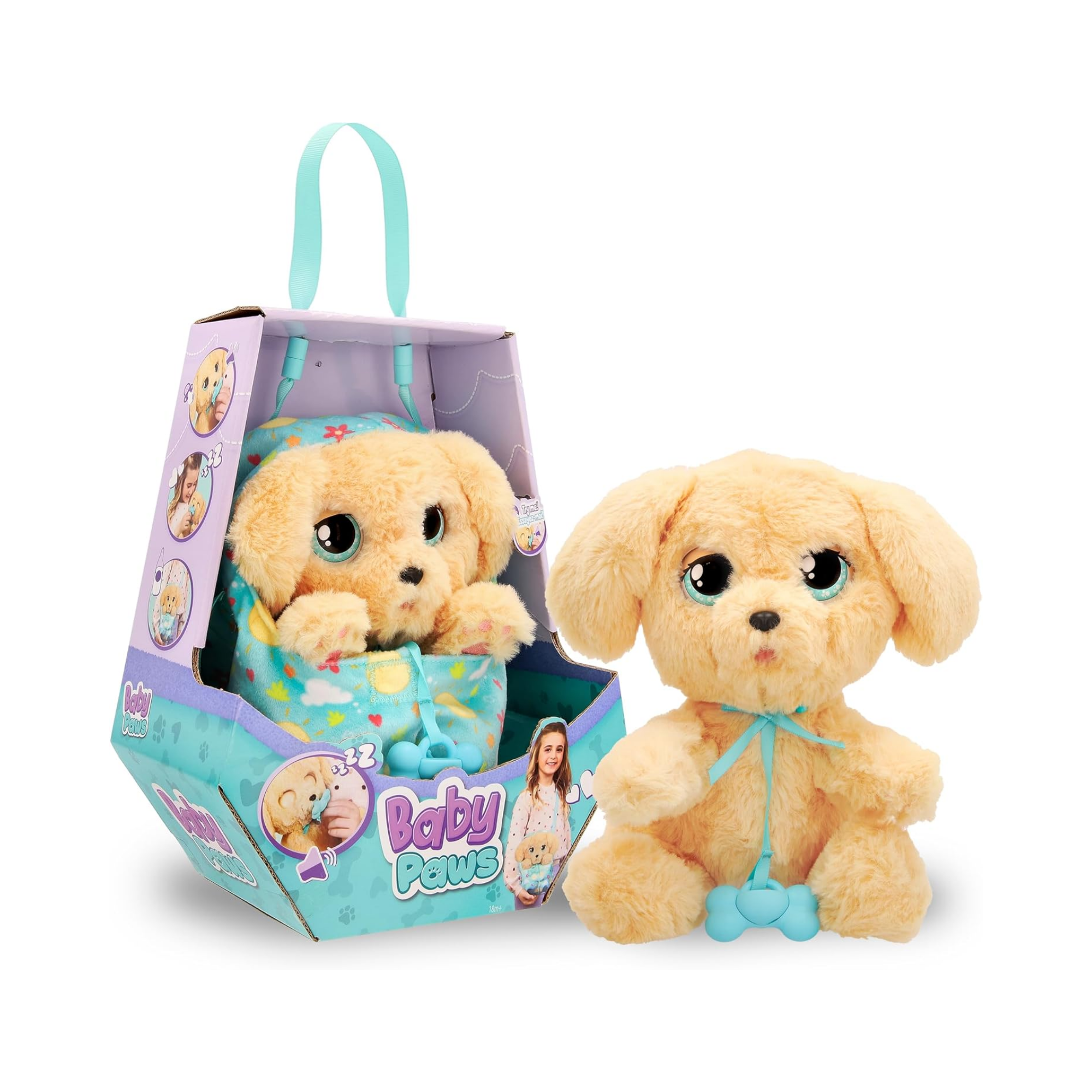 جراء النوم من بيبي باوز، لابرادور، لعبة جرو تفاعلية من القطيفة مقاس 9.5 بوصة مع حقيبة حمل، لعبة تظاهر للأطفال مع مؤثرات صوتية، مناسبة للأولاد والبنات من سن 3 سنوات فما فوق