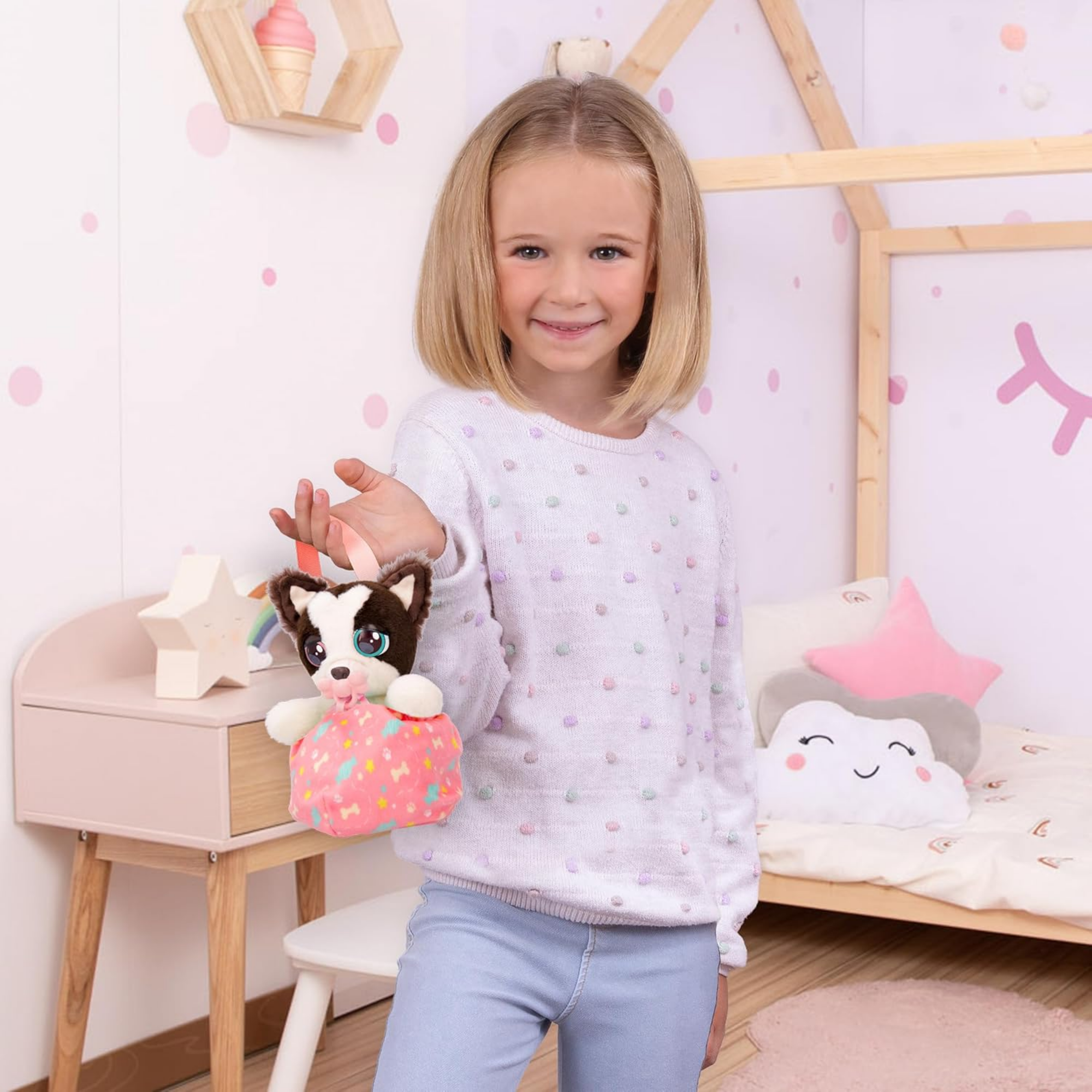 جراء صغيرة من بيبي باوز، كلب بوردر كولي، لعبة جرو تفاعلية من القطيفة مقاس 5 بوصات مع حقيبة حمل، لعبة تظاهر للأطفال مع مؤثرات صوتية، مناسبة للأولاد والبنات من سن 3 سنوات فما فوق