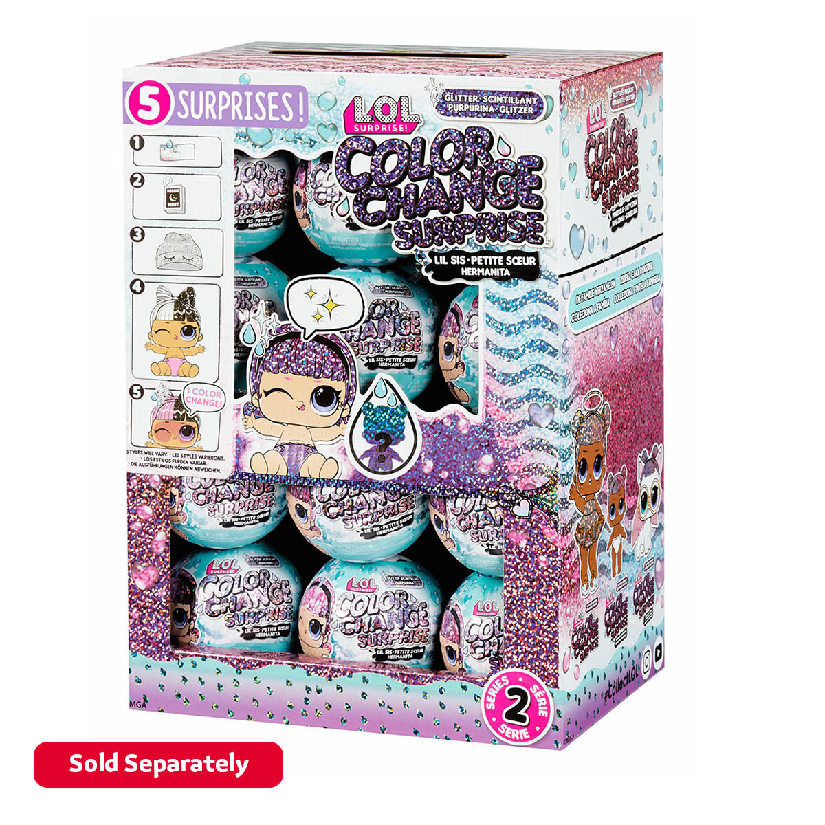 مجموعة دمى LOL Surprise Glitter Color Change Lil Sis مع 5 مفاجآت، دمية أزياء قابلة للتجميع مع شعر لامع وإكسسوارات، للأعمار من 4 سنوات فما فوق