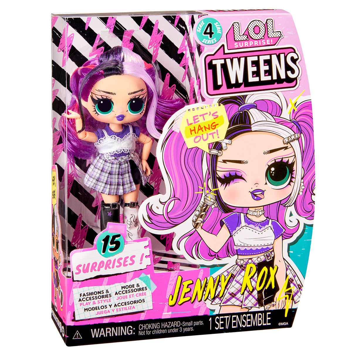 دمية جيني روكس الأنيقة من سلسلة LOL Surprise Tweens Series 4 مع 15 مفاجأة، دمية مفصلية قابلة للتجميع مع ملحقات، فرشاة شعر، ميكروفون، محفظة، وحامل دمية، للأعمار من 3 سنوات فما فوق