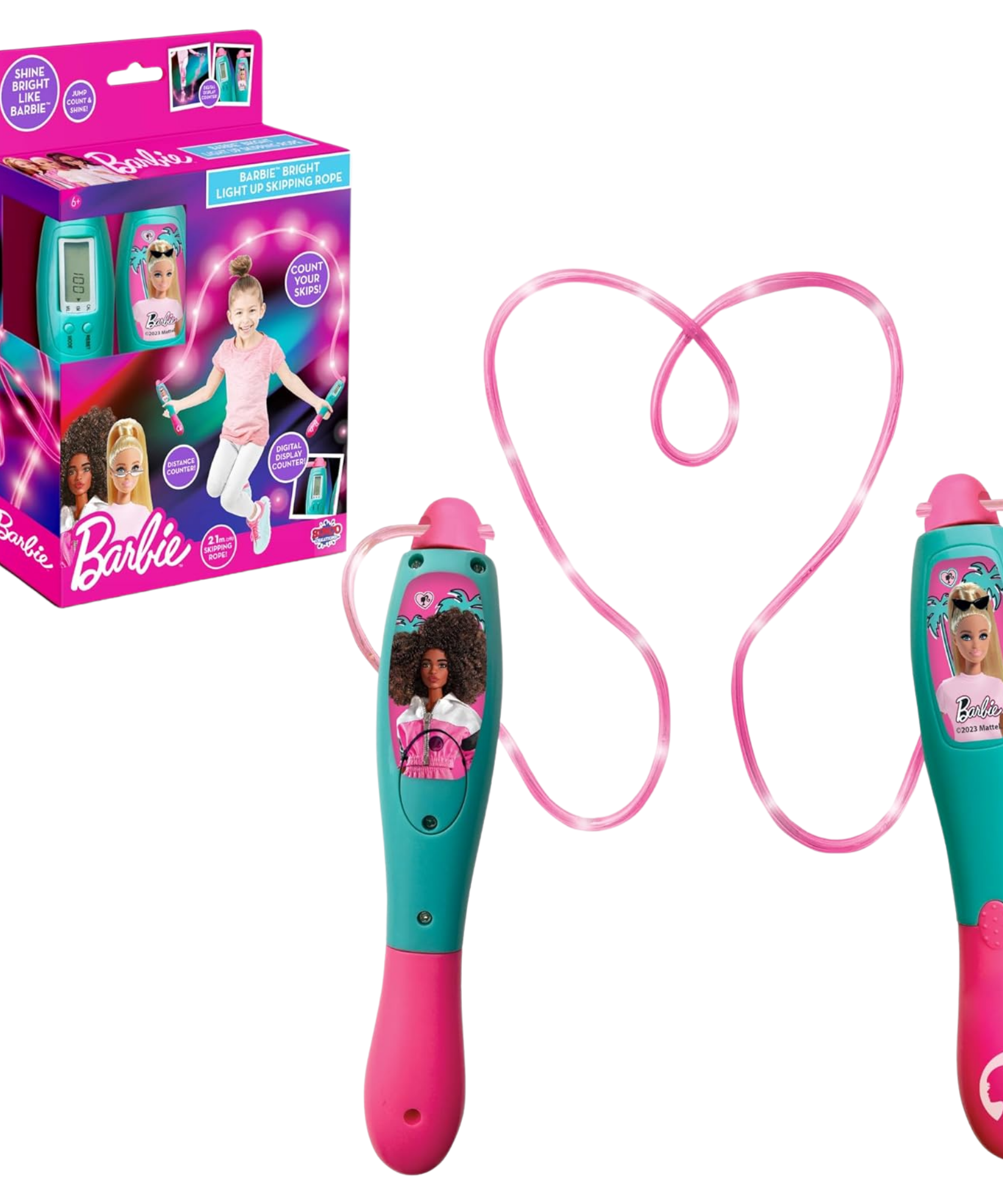 حبل القفز المضيء LED من سينكو كرييشنز باربي بطول 2.1 متر مع عداد رقمي، لعبة لياقة بدنية داخلية وخارجية مناسبة للأطفال من سن 3 سنوات فما فوق