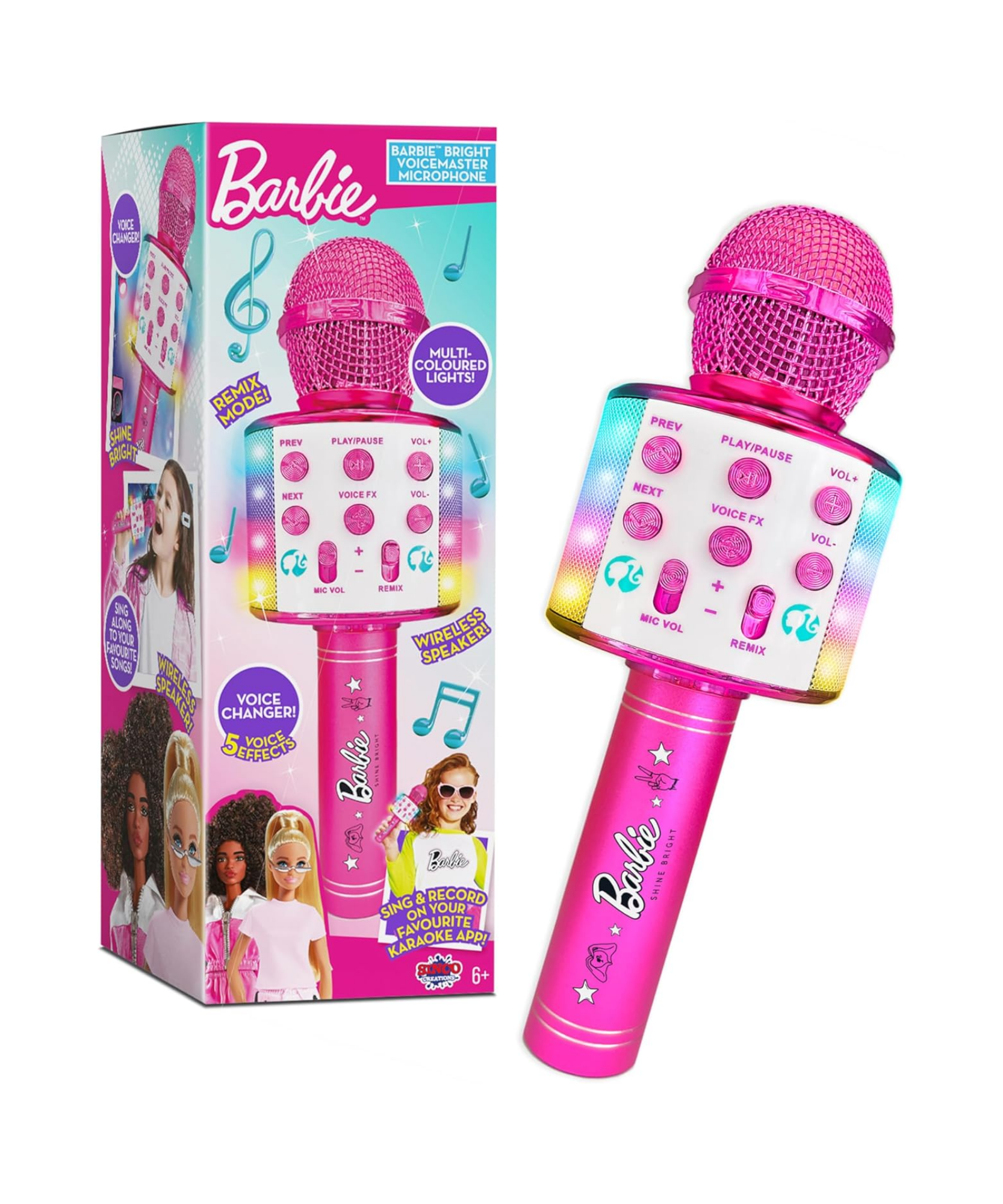 ميكروفون سينكو كرييشنز باربي برايت فويس ماستر، ميكروفون كاريوكي لاسلكي يعمل بالبلوتوث مع أضواء، تصميم محمول مع 5 تأثيرات صوتية للاستمتاع بالغناء أثناء التنقل، مناسب للأطفال من سن 3 سنوات فما فوق