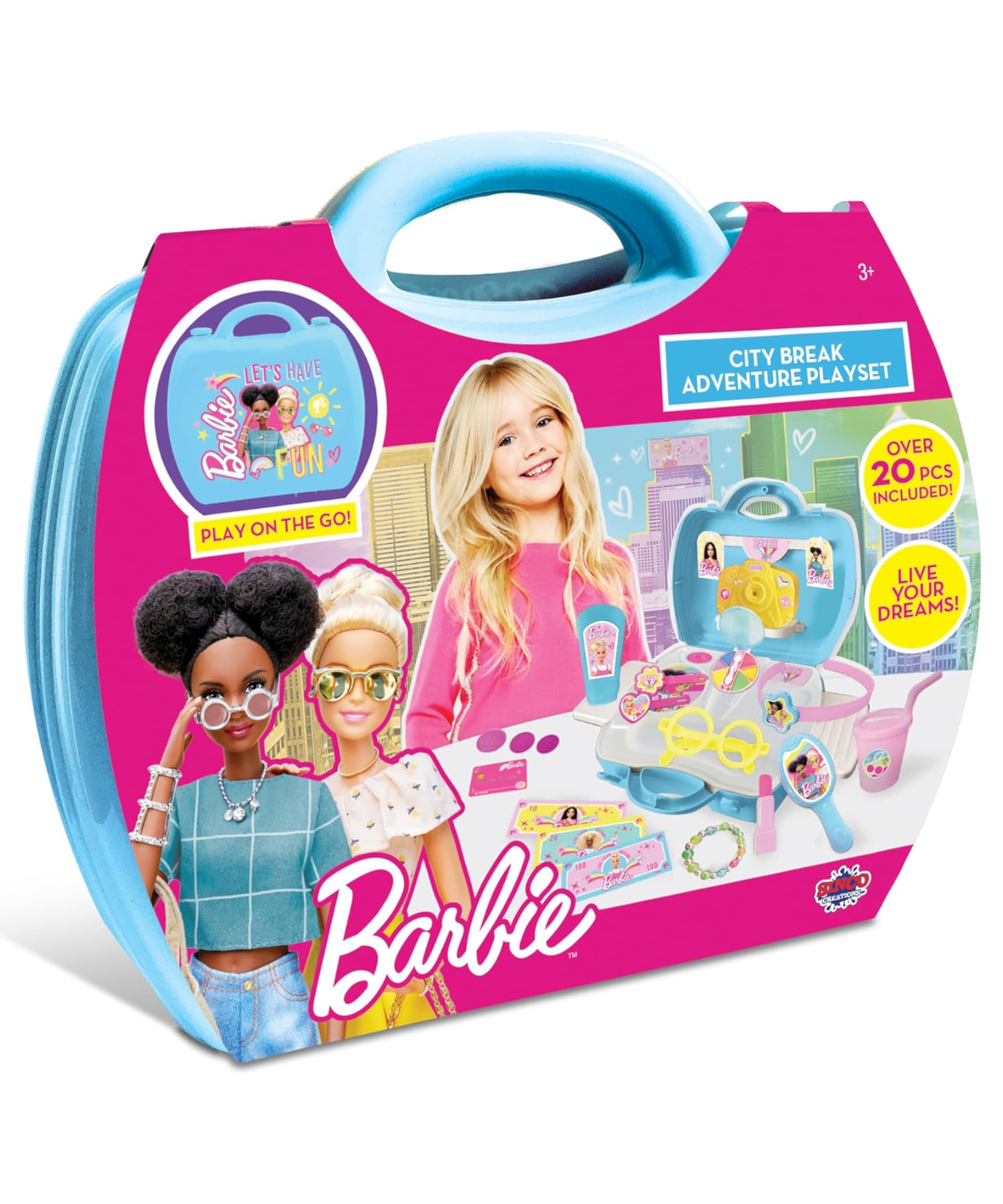 Sinco Creations Barbie City Break Adventure Playset, 20 Piece Pretend Play Toy with Carry Case, Role Play Toy Suitable for Kids Aged 3Y+