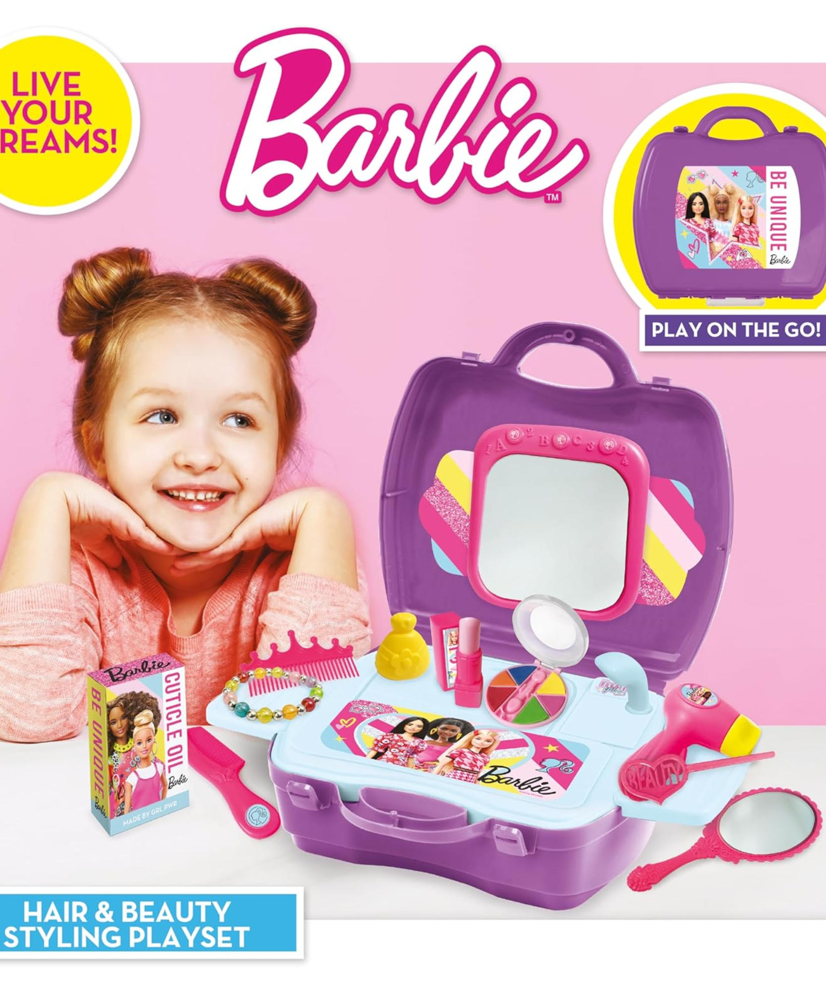 مجموعة ألعاب سينكو كرييشنز باربي للشعر والجمال، 10 قطع مع حقيبة حمل، لعبة لعب الأدوار مناسبة للأطفال من سن 3 سنوات فما فوق