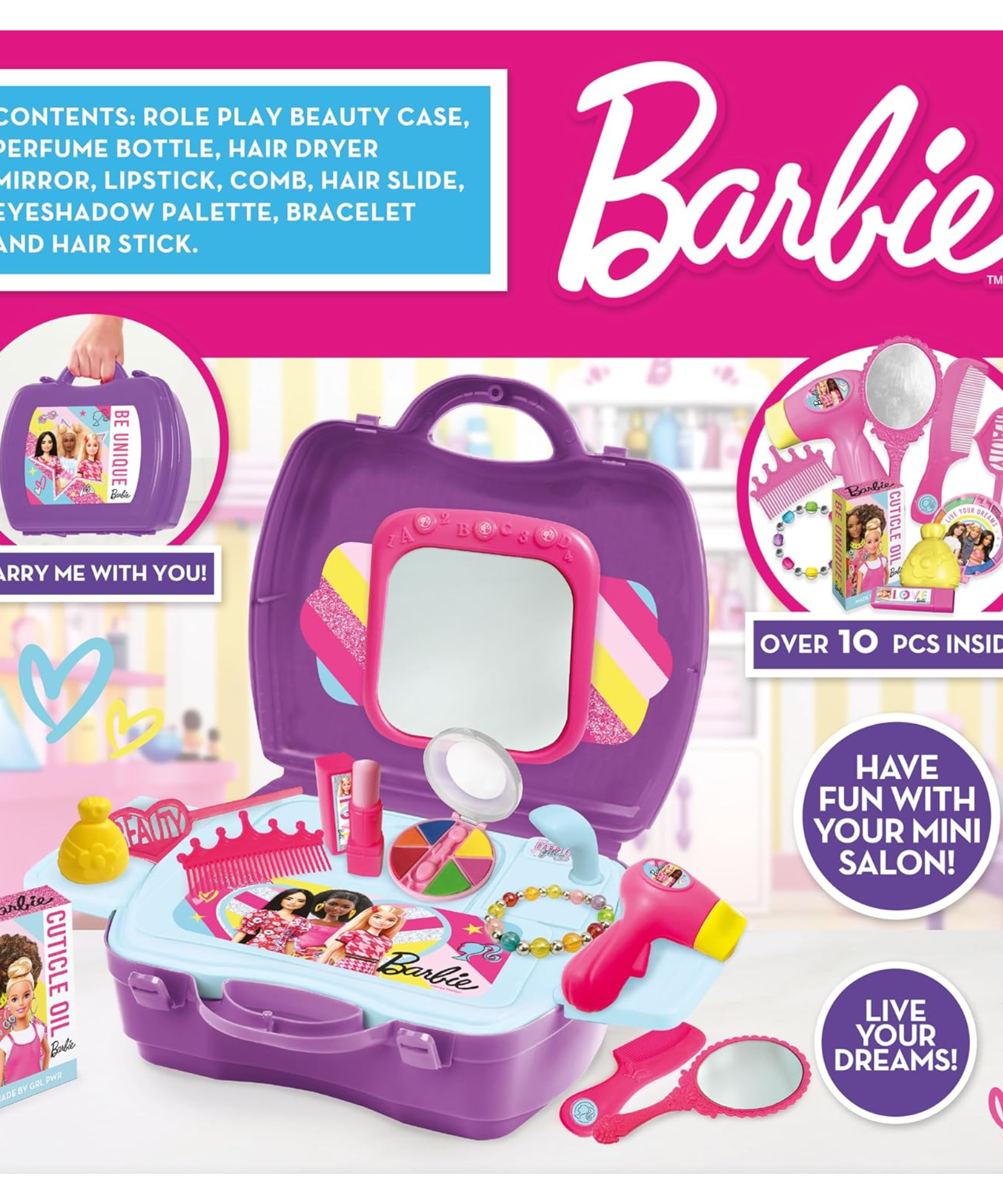 مجموعة ألعاب سينكو كرييشنز باربي للشعر والجمال، 10 قطع مع حقيبة حمل، لعبة لعب الأدوار مناسبة للأطفال من سن 3 سنوات فما فوق