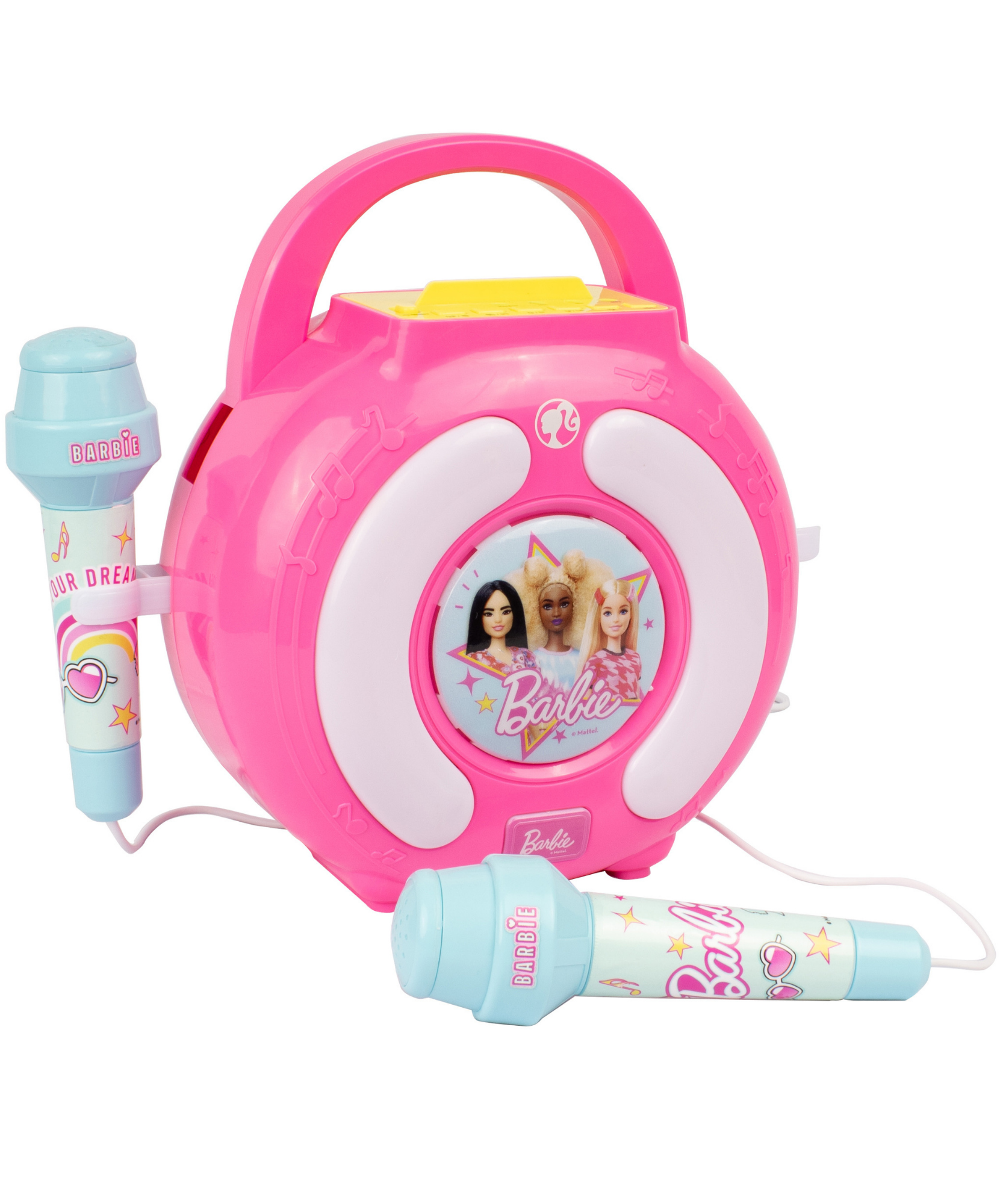 صندوق صوت كاريوكي باربي من سينكو كرييشنز، مكبر صوت بلوتوث خفيف الوزن وقابل للحمل مع ميكروفونين لاسلكيين، ميزة تغيير الصوت، حزام حمل للاستمتاع بالغناء أثناء التنقل، مناسب للأطفال من سن 3 سنوات فما فوق
