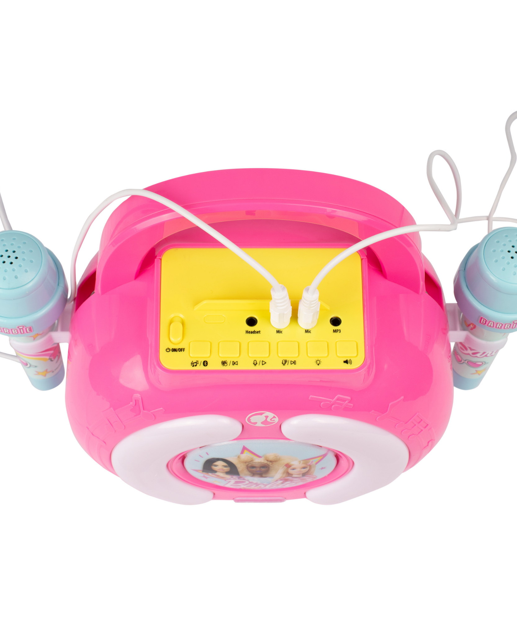 صندوق صوت كاريوكي باربي من سينكو كرييشنز، مكبر صوت بلوتوث خفيف الوزن وقابل للحمل مع ميكروفونين لاسلكيين، ميزة تغيير الصوت، حزام حمل للاستمتاع بالغناء أثناء التنقل، مناسب للأطفال من سن 3 سنوات فما فوق