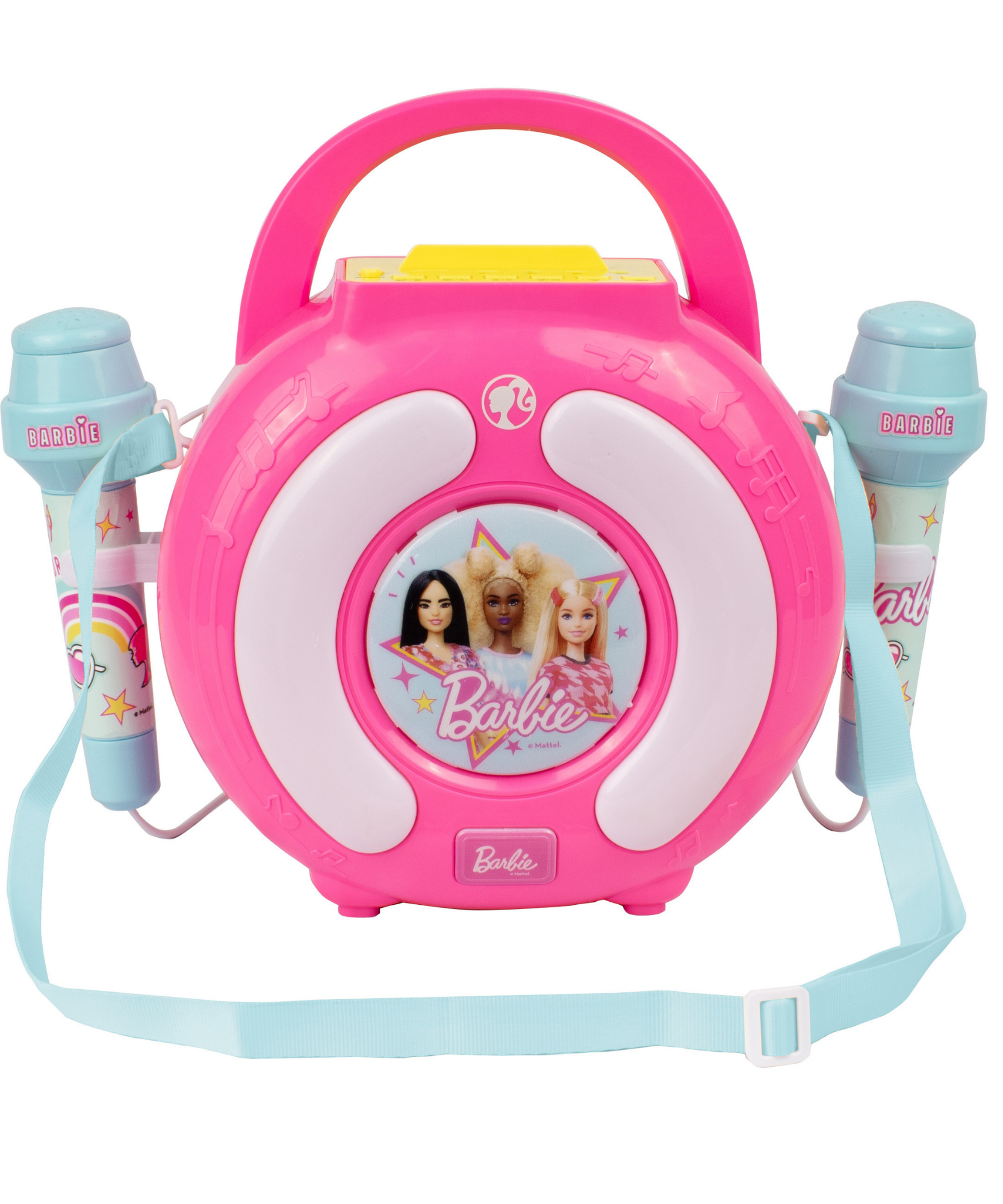 صندوق صوت كاريوكي باربي من سينكو كرييشنز، مكبر صوت بلوتوث خفيف الوزن وقابل للحمل مع ميكروفونين لاسلكيين، ميزة تغيير الصوت، حزام حمل للاستمتاع بالغناء أثناء التنقل، مناسب للأطفال من سن 3 سنوات فما فوق