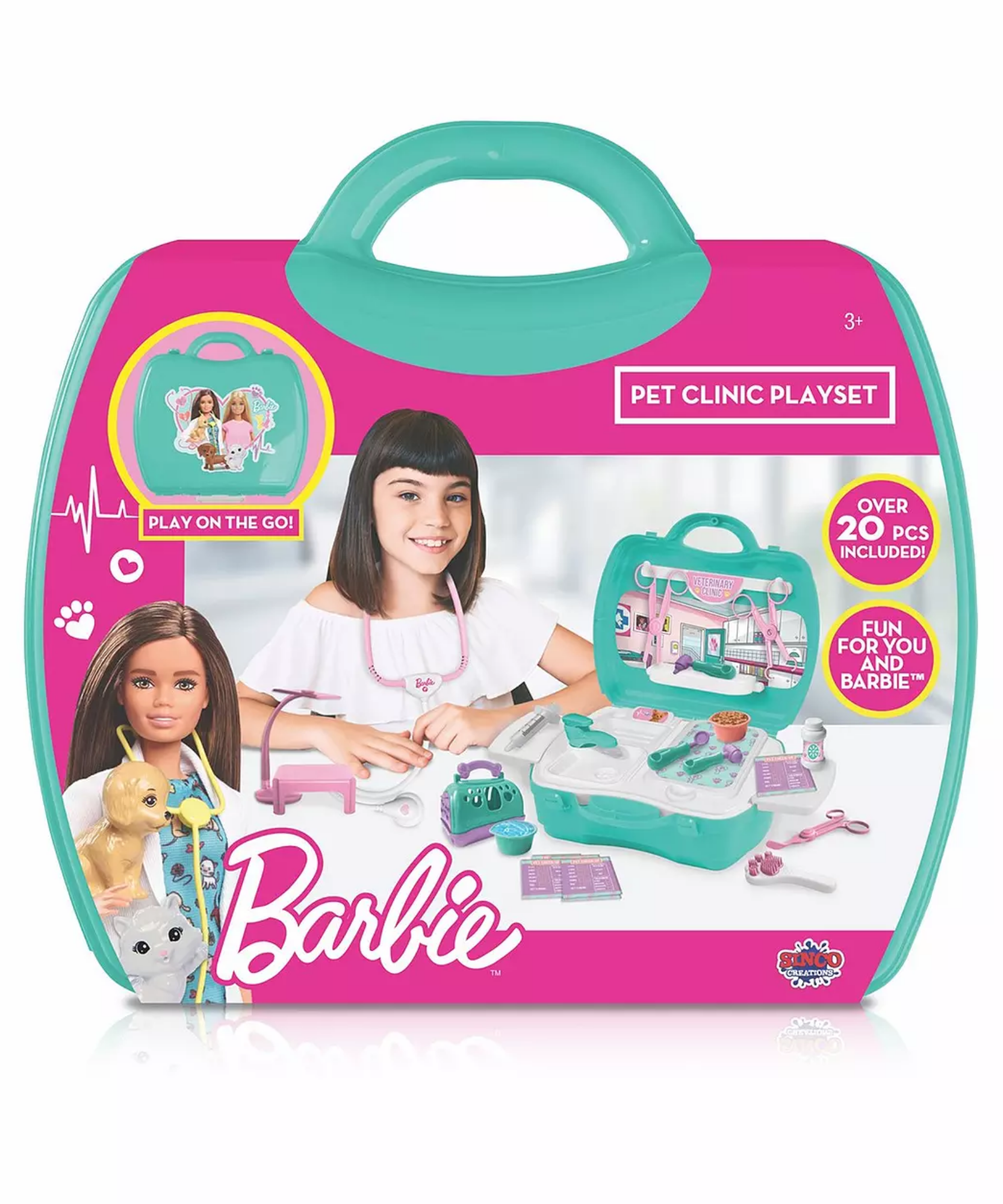 مجموعة لعب عيادة باربي للحيوانات الأليفة من سينكو كرييشنز، 20 قطعة مع حقيبة حمل، لعبة لعب الأدوار مناسبة للأطفال من سن 3 سنوات فما فوق