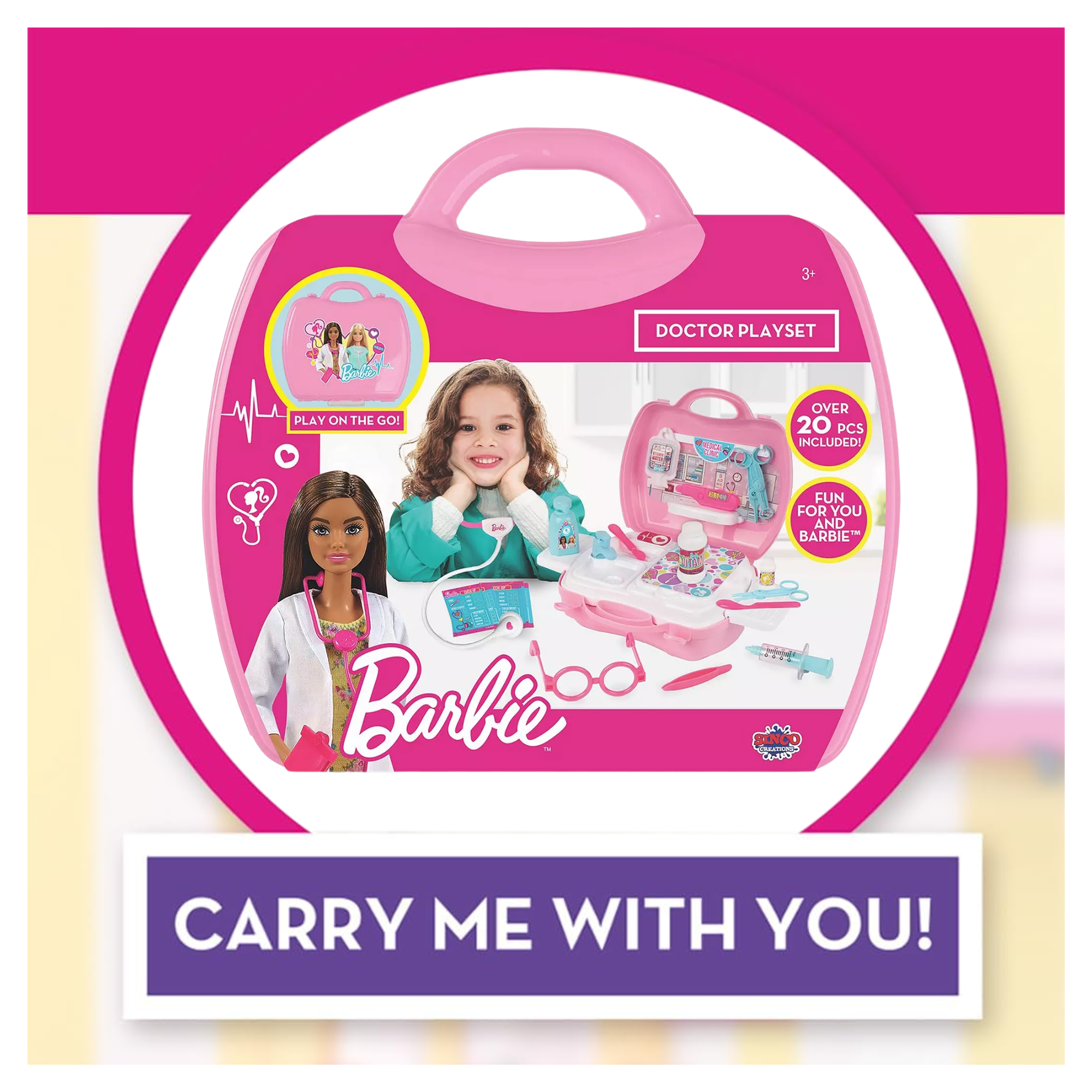 مجموعة لعب طبيبة باربي من سينكو كرييشنز، 20 قطعة مع حقيبة حمل، لعبة لعب الأدوار مناسبة للأطفال من سن 3 سنوات فما فوق