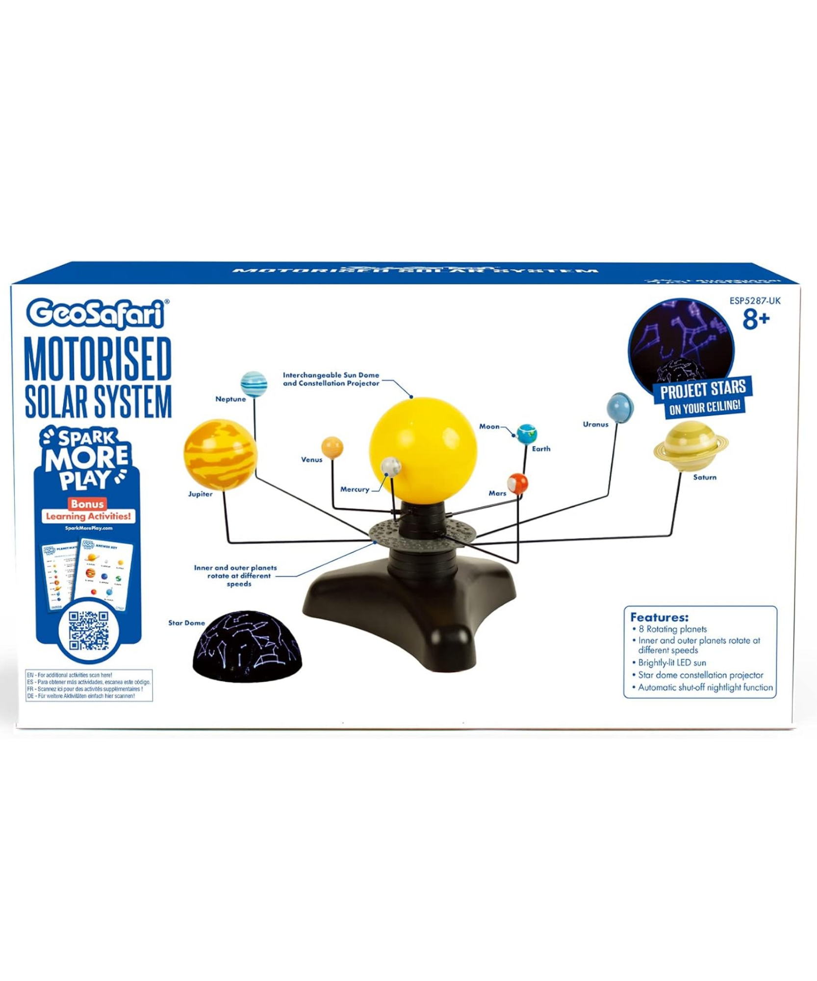 موارد التعلم: نظام الطاقة الشمسية الآلي GeoSafari، نموذج تفاعلي دوار مع جهاز عرض مضيء للشمس والنجوم، يتضمن دليل أنشطة متعدد اللغات، للأطفال من سن 8 سنوات فما فوق