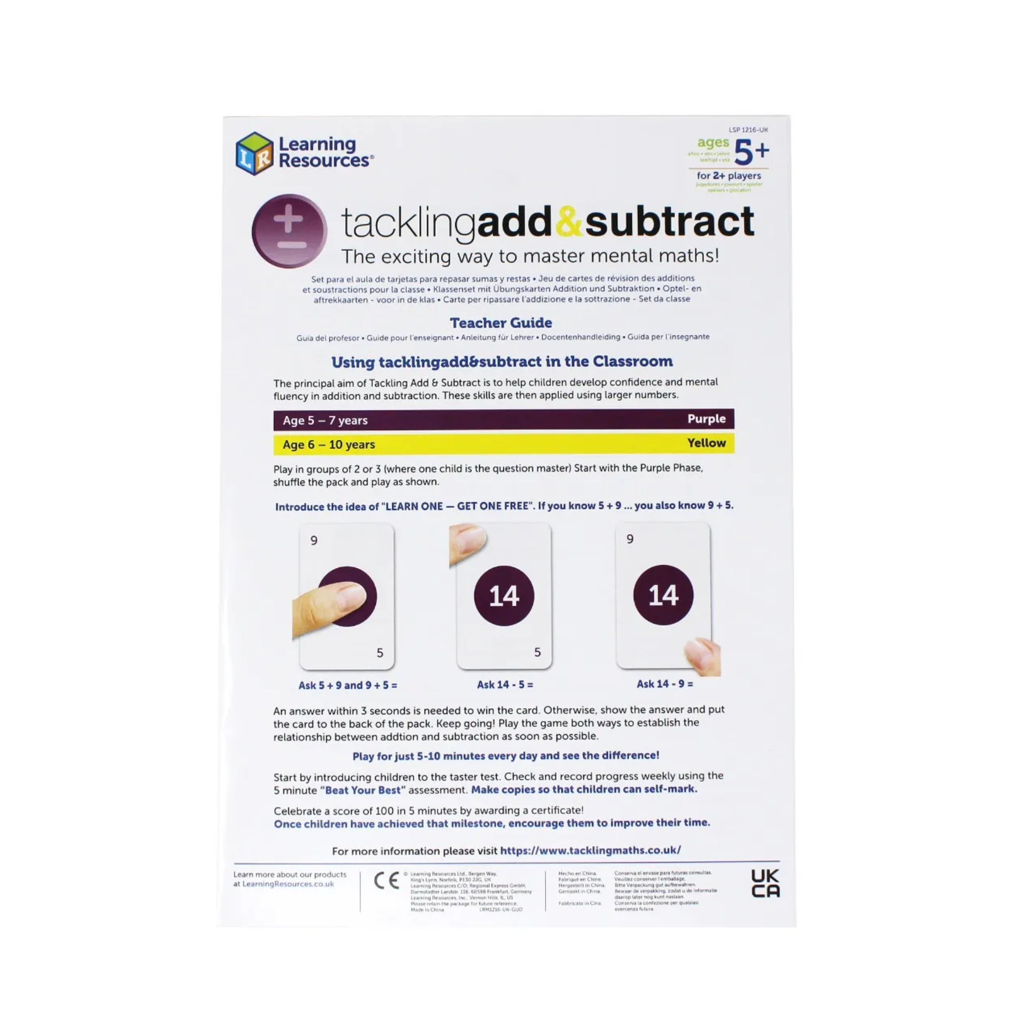Learning Resources Tackling Add and Subtract Class Set, Maths Card Game for Building Mental Maths Fluency, Includes 10 Decks and Teacher Guide, Ages 5+