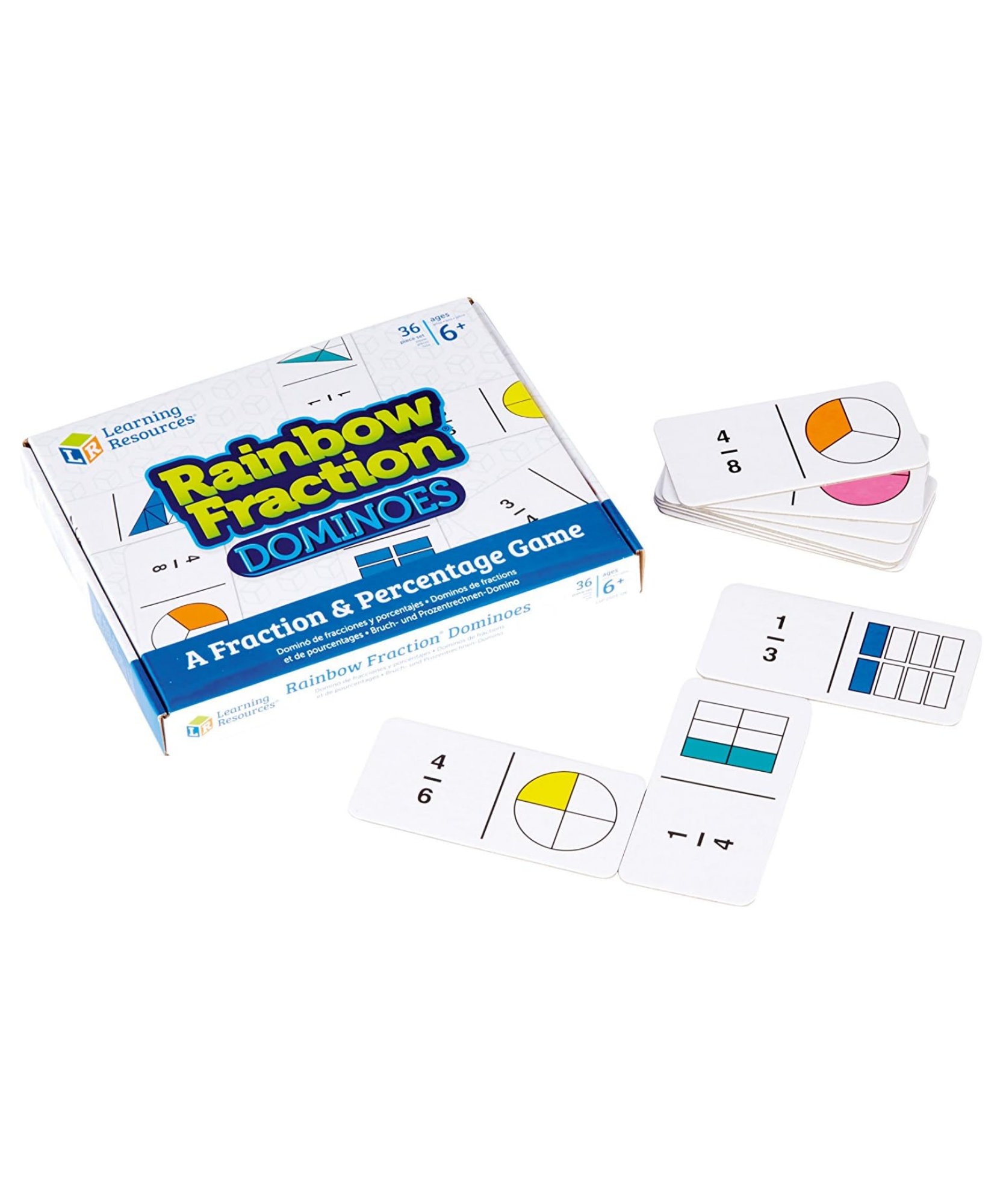 Learning Resources Rainbow Fraction Dominoes, Educational Game for Learning Fractions and Percentages, Double-Sided Dominoes with Visual and Numeric Representations, For 2-4 Players, Includes Multilingual Activity Guide