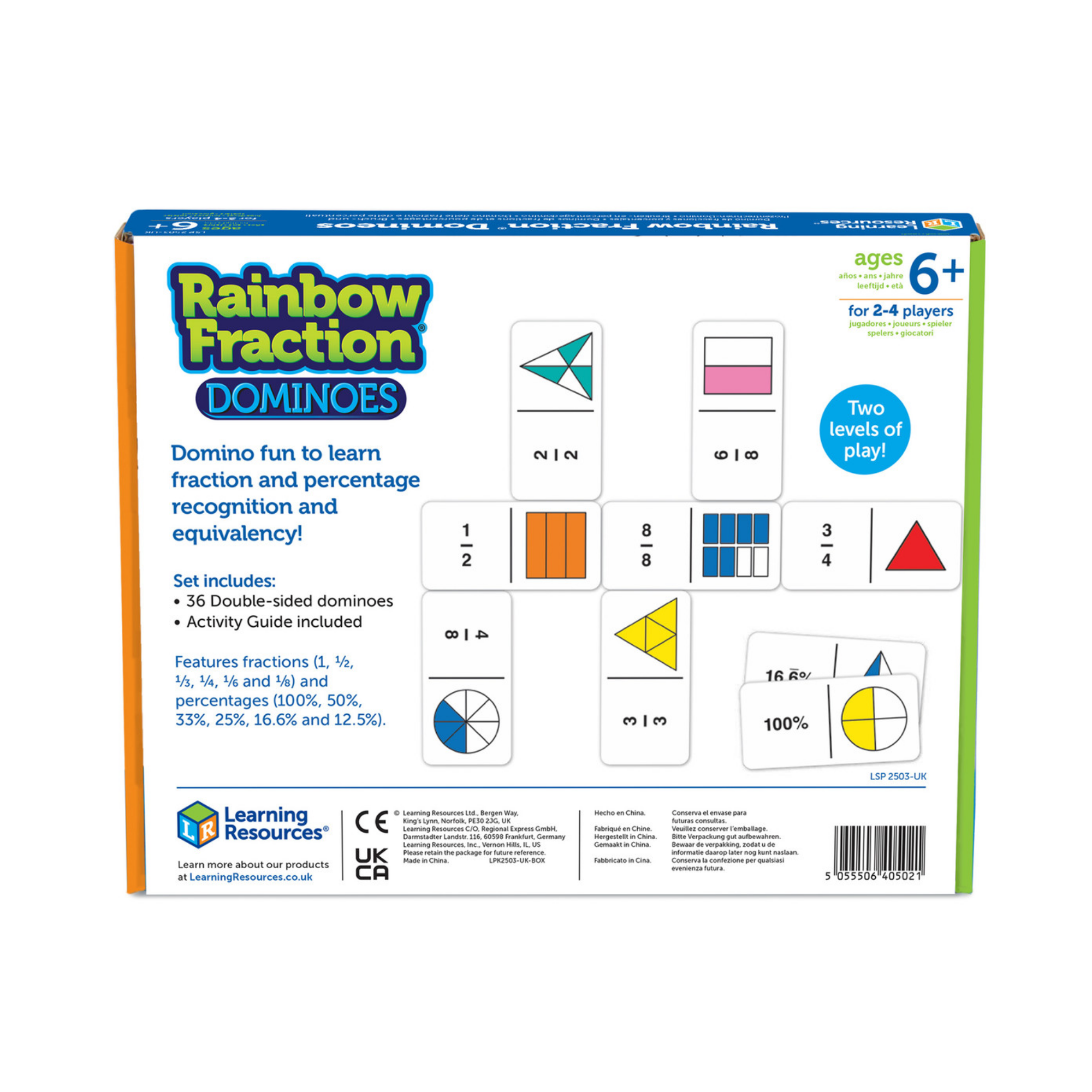 Learning Resources Rainbow Fraction Dominoes, Educational Game for Learning Fractions and Percentages, Double-Sided Dominoes with Visual and Numeric Representations, For 2-4 Players, Includes Multilingual Activity Guide