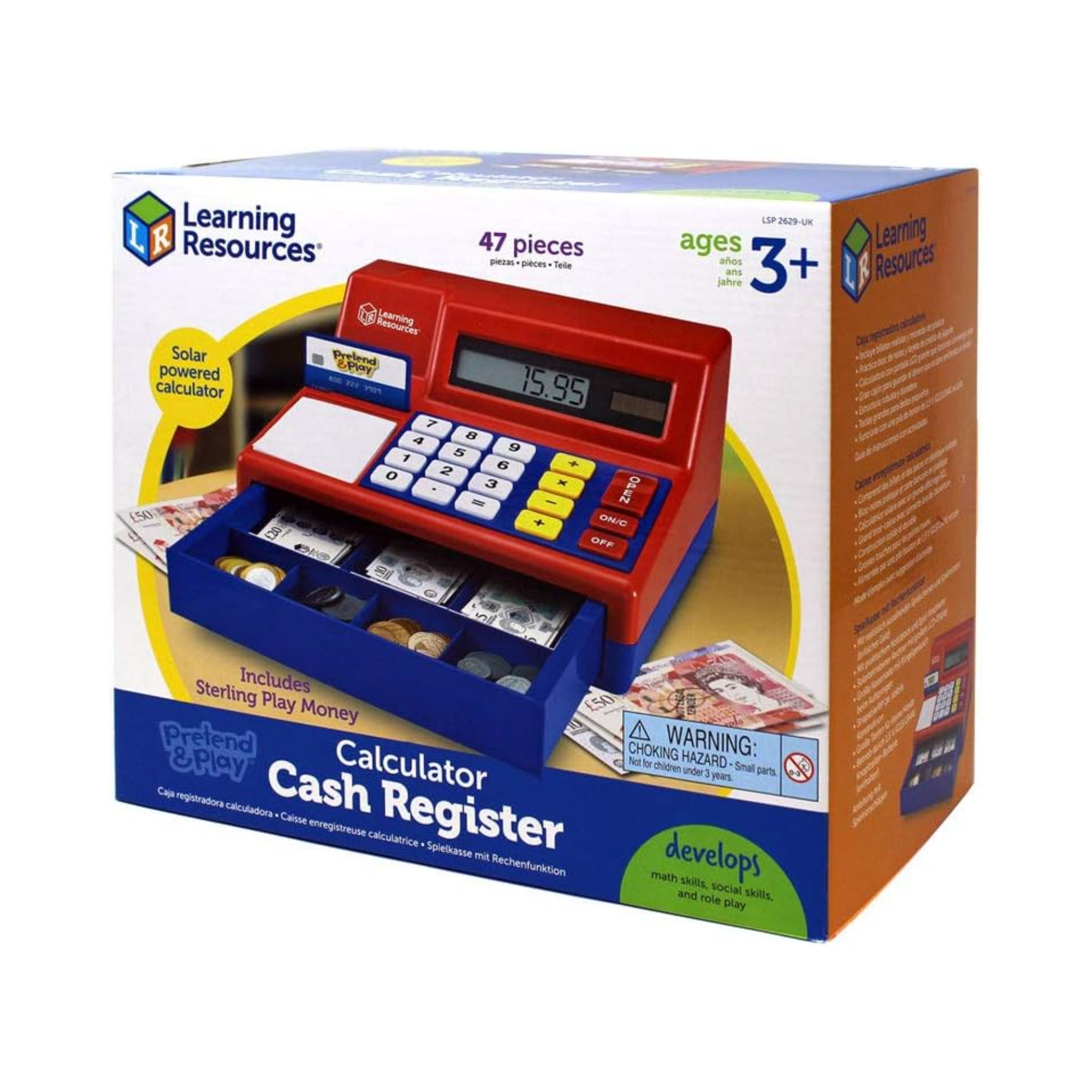 موارد تعليمية - آلة حاسبة تظاهرية مع ماكينة تسجيل المدفوعات النقدية مع نقود أوروبية، مجموعة لعب واقعية مع آلة حاسبة تعمل بالطاقة الشمسية، تتضمن نقودًا للعب ودليل أنشطة، للأعمار من 3 سنوات فما فوق