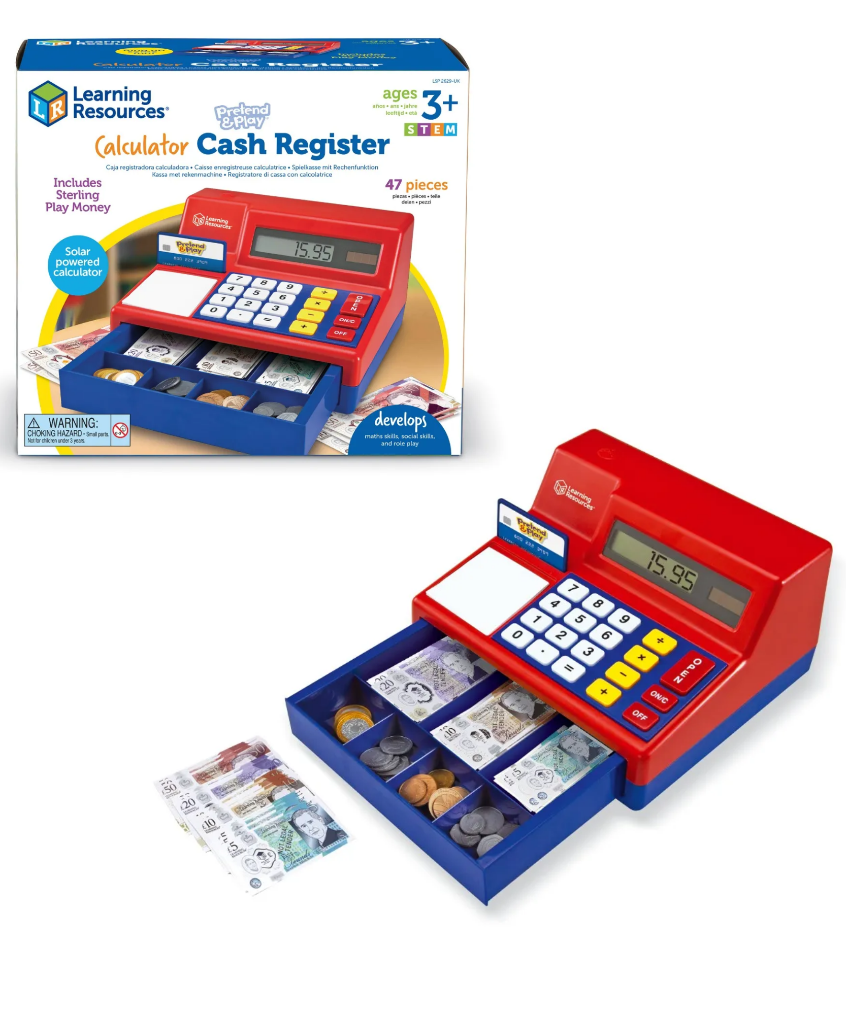 موارد تعليمية - آلة حاسبة تظاهرية للعب، ماكينة تسجيل المدفوعات النقدية، عملة المملكة المتحدة، صندوق نقود مع نقود لعب وبطاقة ائتمان، آلة حاسبة تعمل بالطاقة الشمسية لمهارات الرياضيات والمال المبكرة، للأعمار من 3 سنوات فما فوق