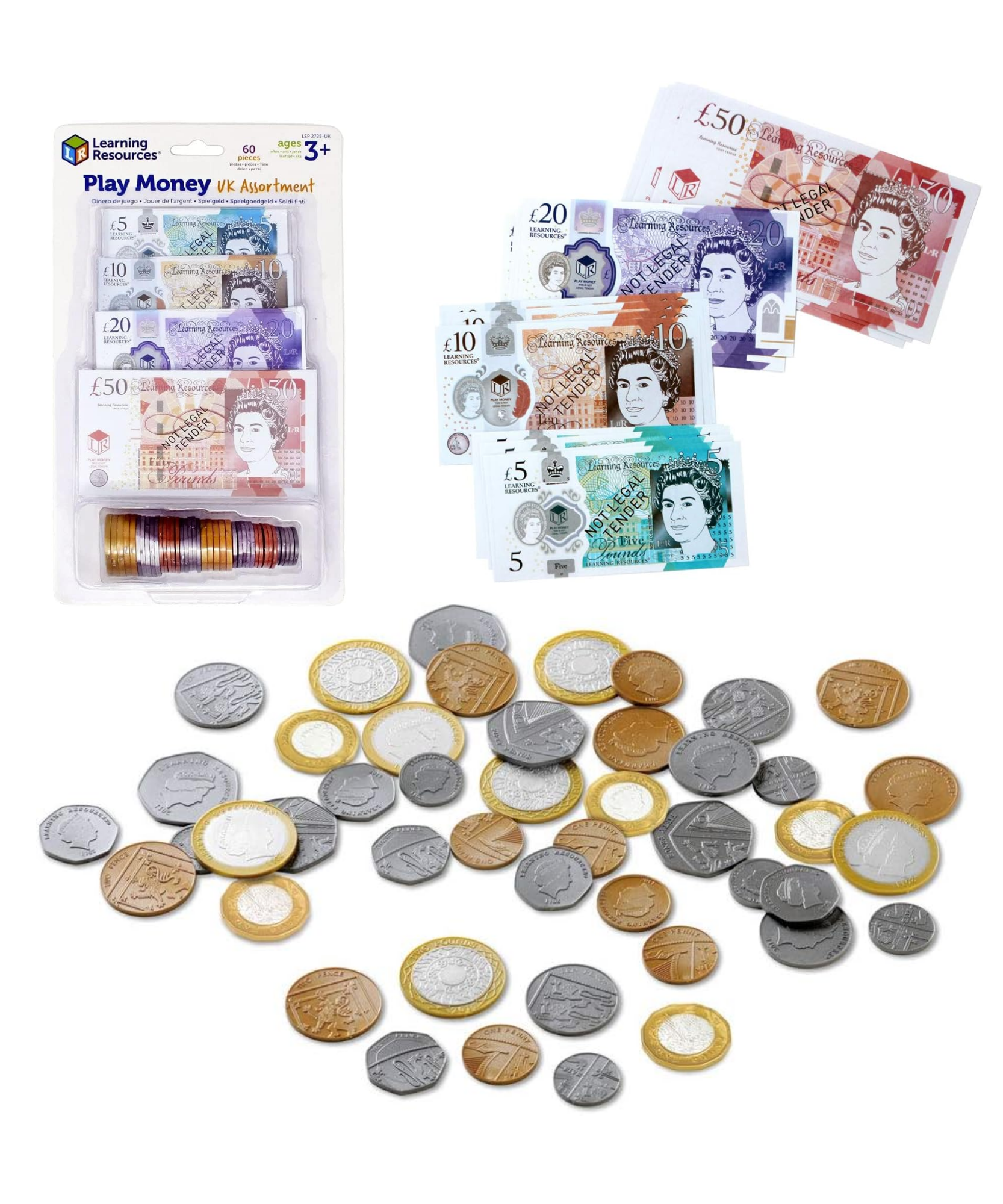 Learning Resources Play Money UK Assortment, Realistic Plastic Coins and Notes for Kids, 60-Piece Set, Includes Updated 2017 Coin Designs, Educational Money Toy for Ages 3+