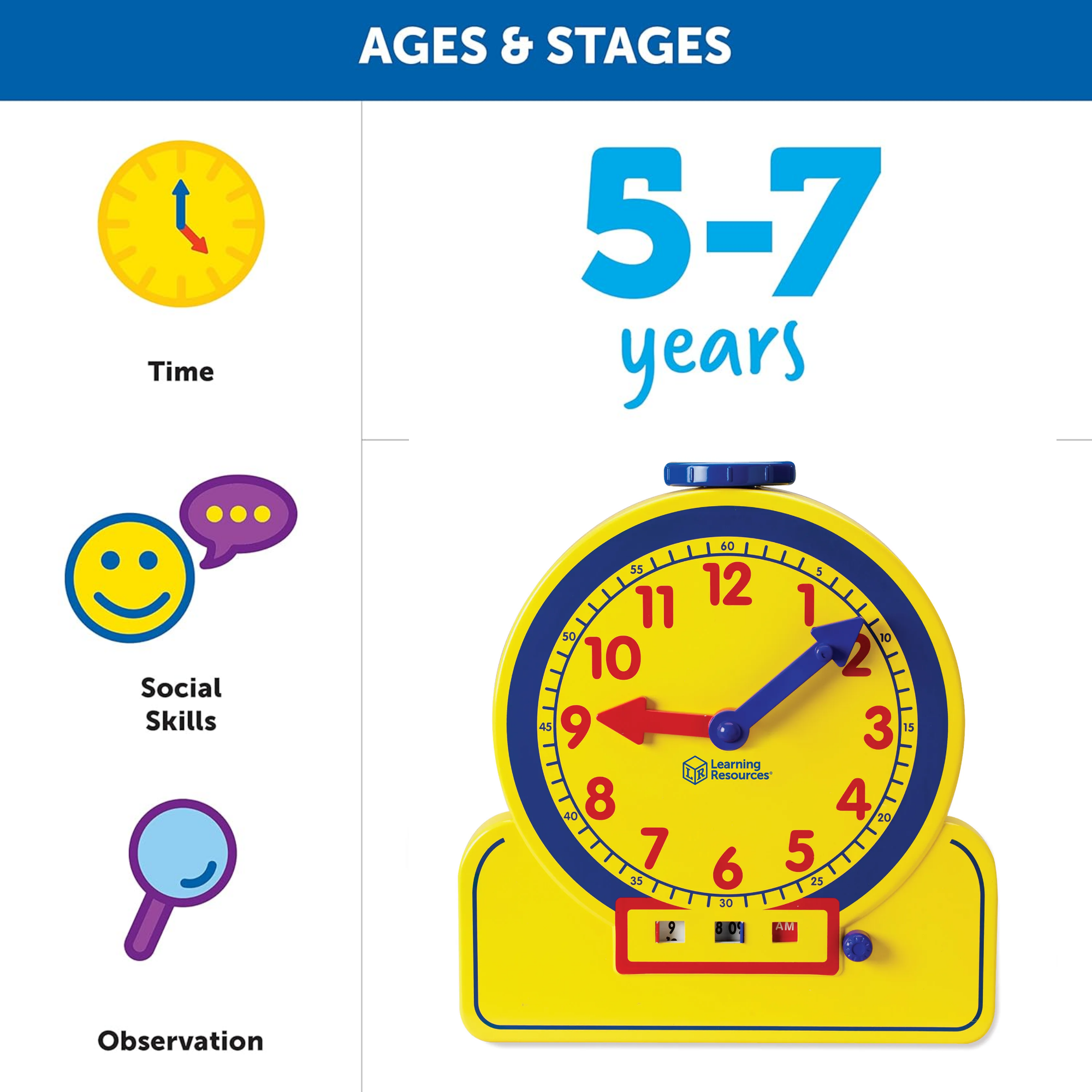 موارد التعلم ساعة المعلم الأمامية للفصل الدراسي على مدار 24 ساعة، تعلم معرفة الوقت باستخدام عقارب ملونة وشاشة رقمية، مورد للفصل الدراسي، للأعمار من 3 سنوات فما فوق