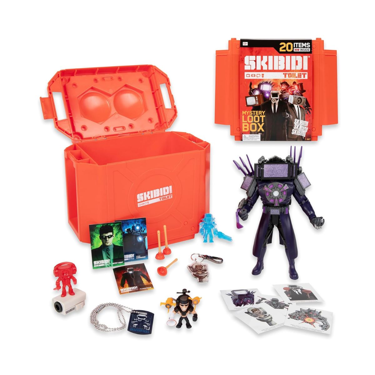 Skibidi Toilet Giant Mystery Loot Box, Official Mystery Surprise Box with 20 Collectible Items, Exclusive 10 Inch Titan Figure for Kids 13+