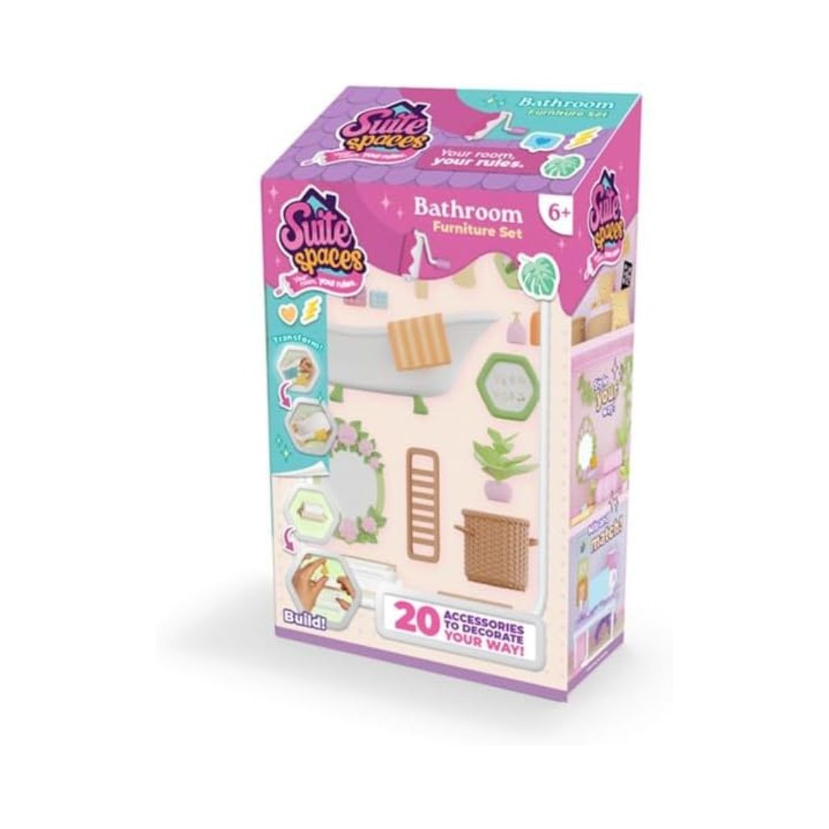 Goliath Suite Spaces Bathroom Set, Modular Dollhouse Bathroom Playset with 20 Accessories, Customizable Furniture & Decor for 3-4 Inch Dolls, Kids 6+