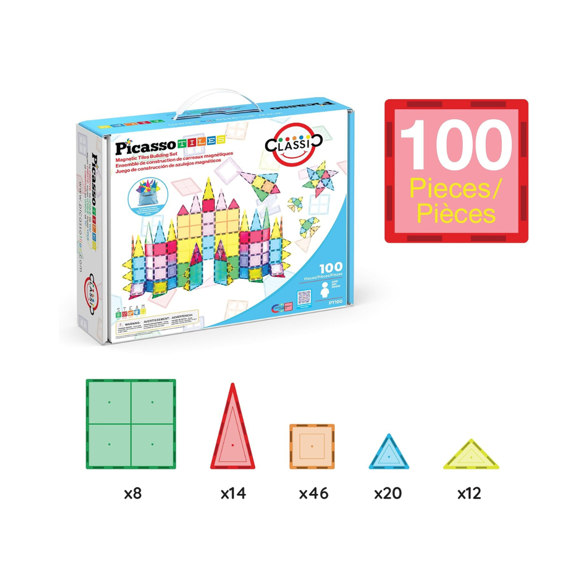PicassoTiles 100 Piece Magnetic Playboards Tiles Set Magnet Toys for Toddlers STEM Building Blocks Sensory Creative Kids Manipulative Preschool learning Construction Toy ages 3+ Boys Girls - PT100