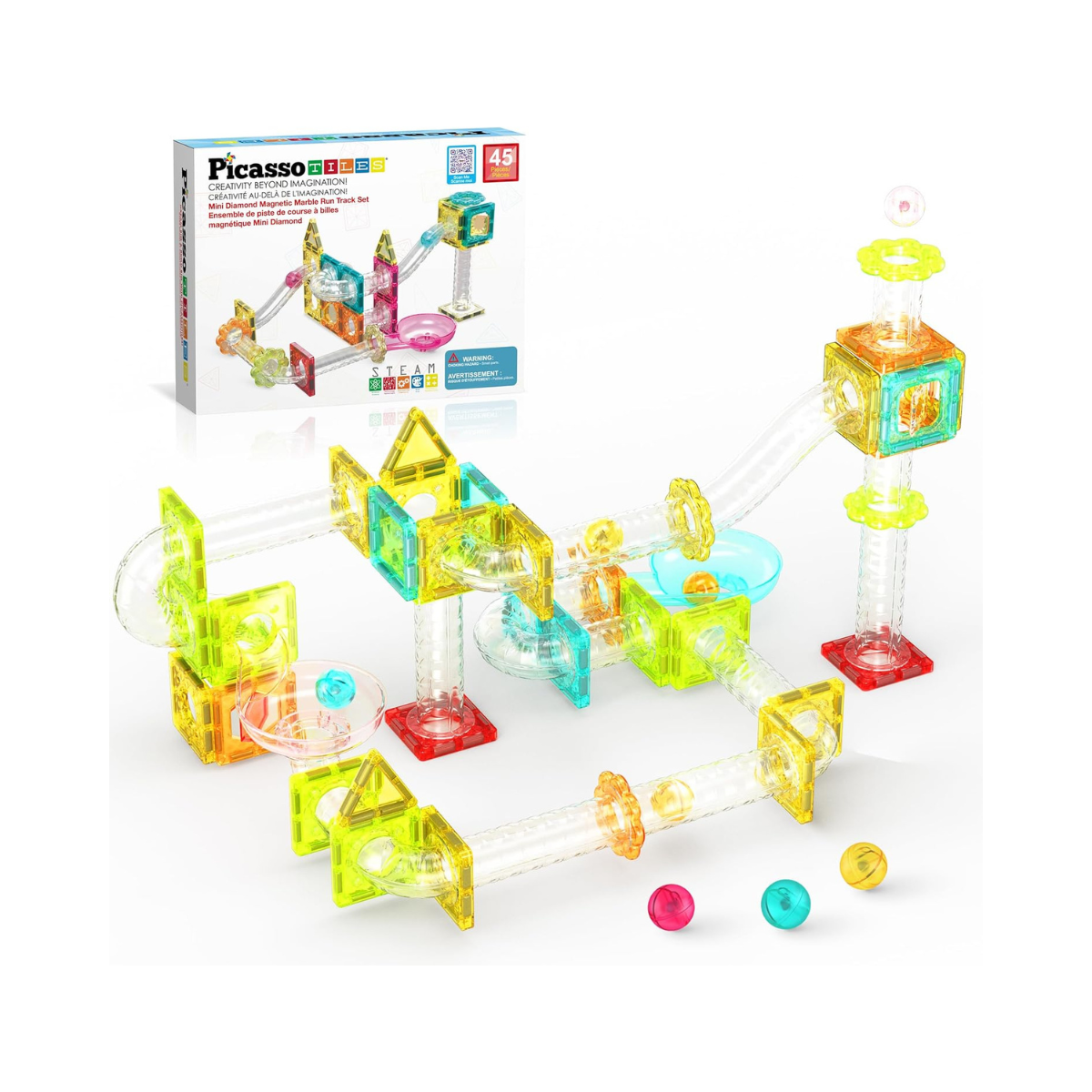 PicassoTiles Magnet Tiles Building Block Travel Size Magnetic Marble Run Construction Toy Set Mini Diamond Marble RaceTrack 45 pc Building Blocks Playset Education STEM Learning Kit Boy Girl 3+ PTMG45